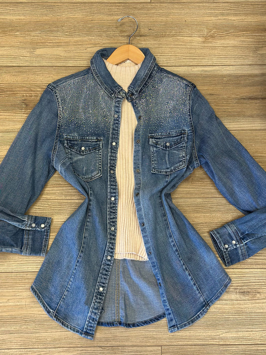 Rhinestone Denim Light Jacket Button Up