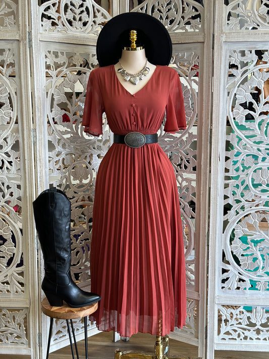 Pleated Button Detail Maxi Dress- Stretchy, Estira