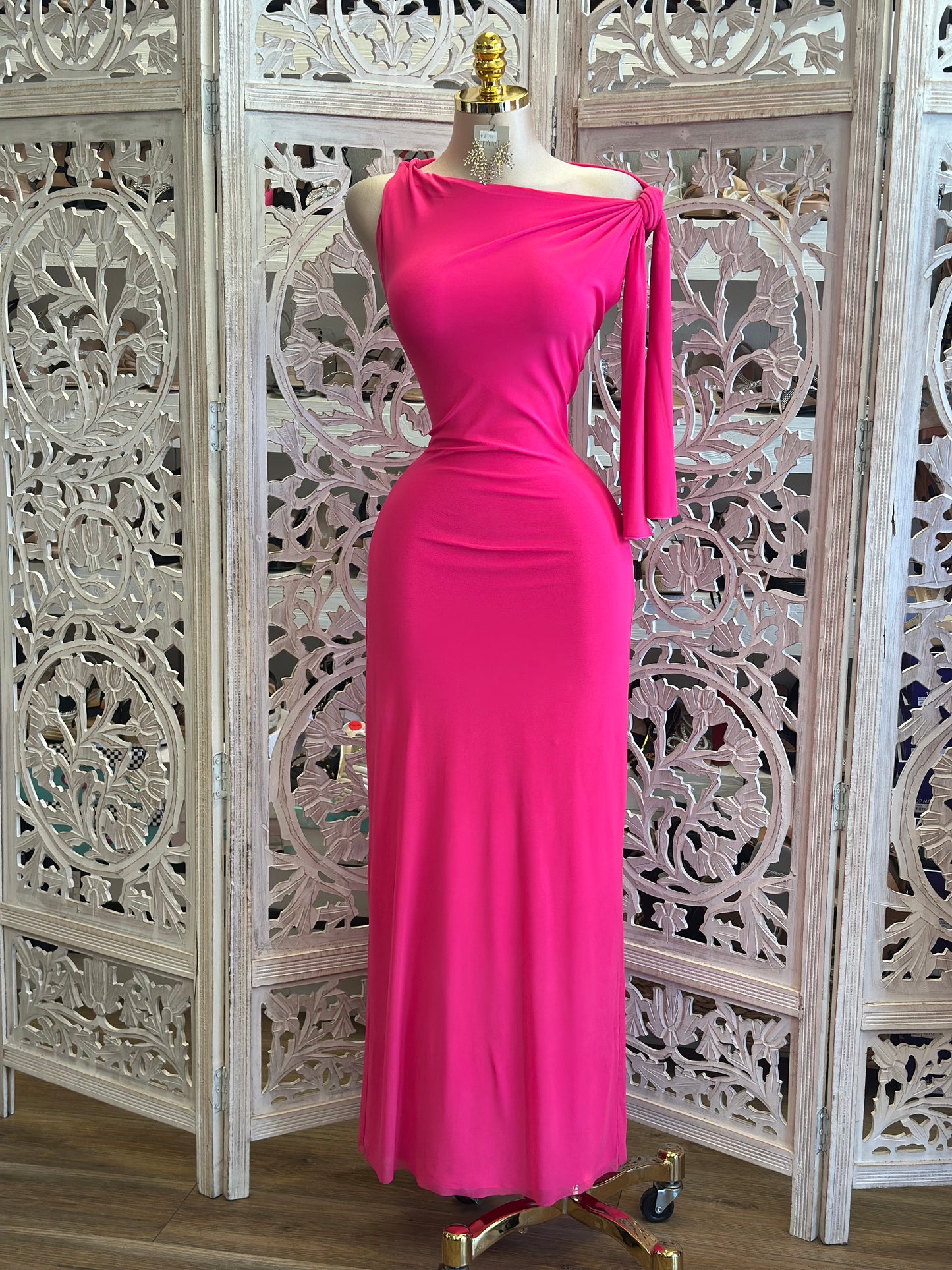 Asymmetrical Sonic Pink Knotted Dress-Estira, Stretchy