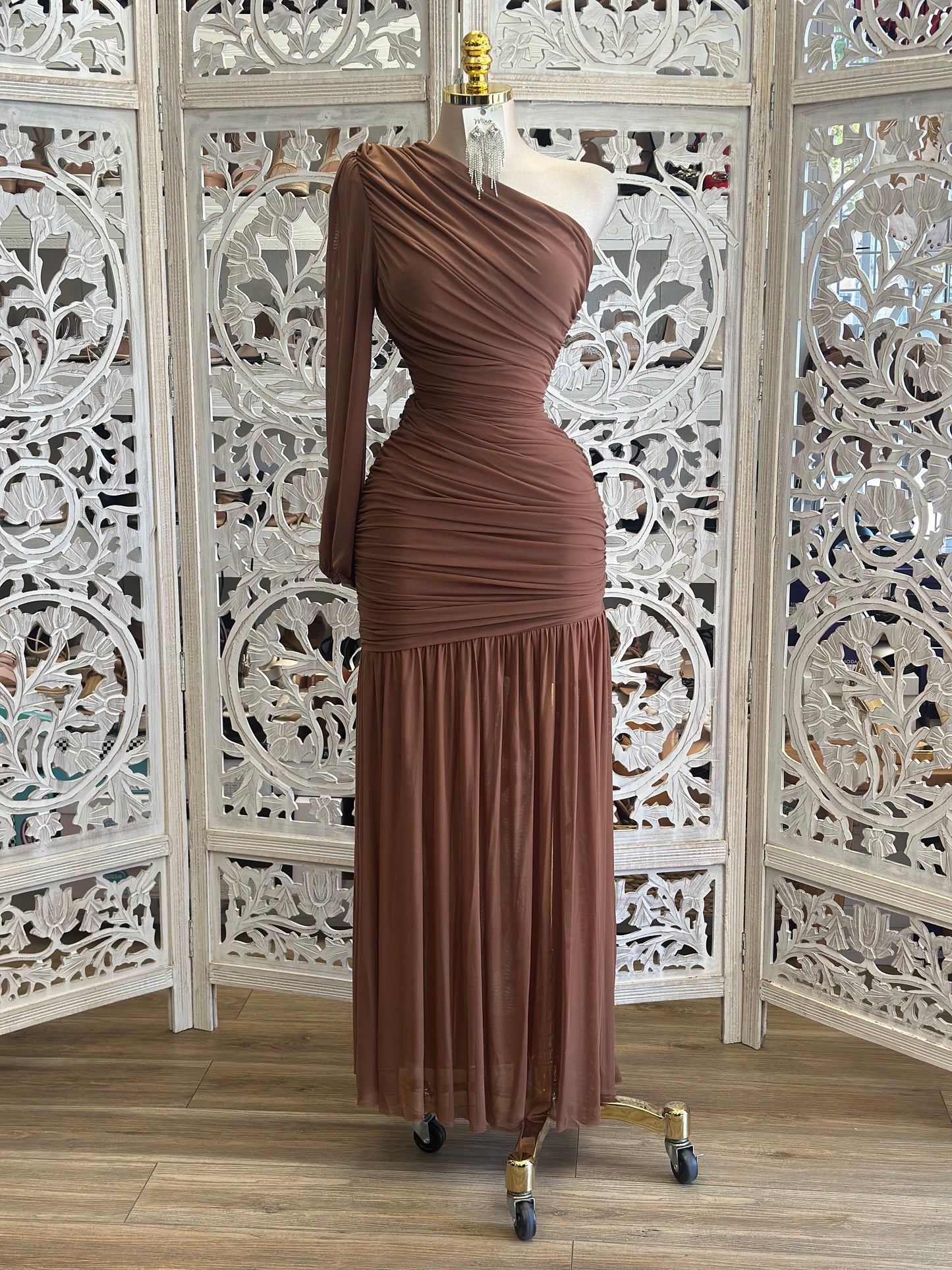 Draped One Sleeve Mesh Maxi Dress -  Estira, Stretchy