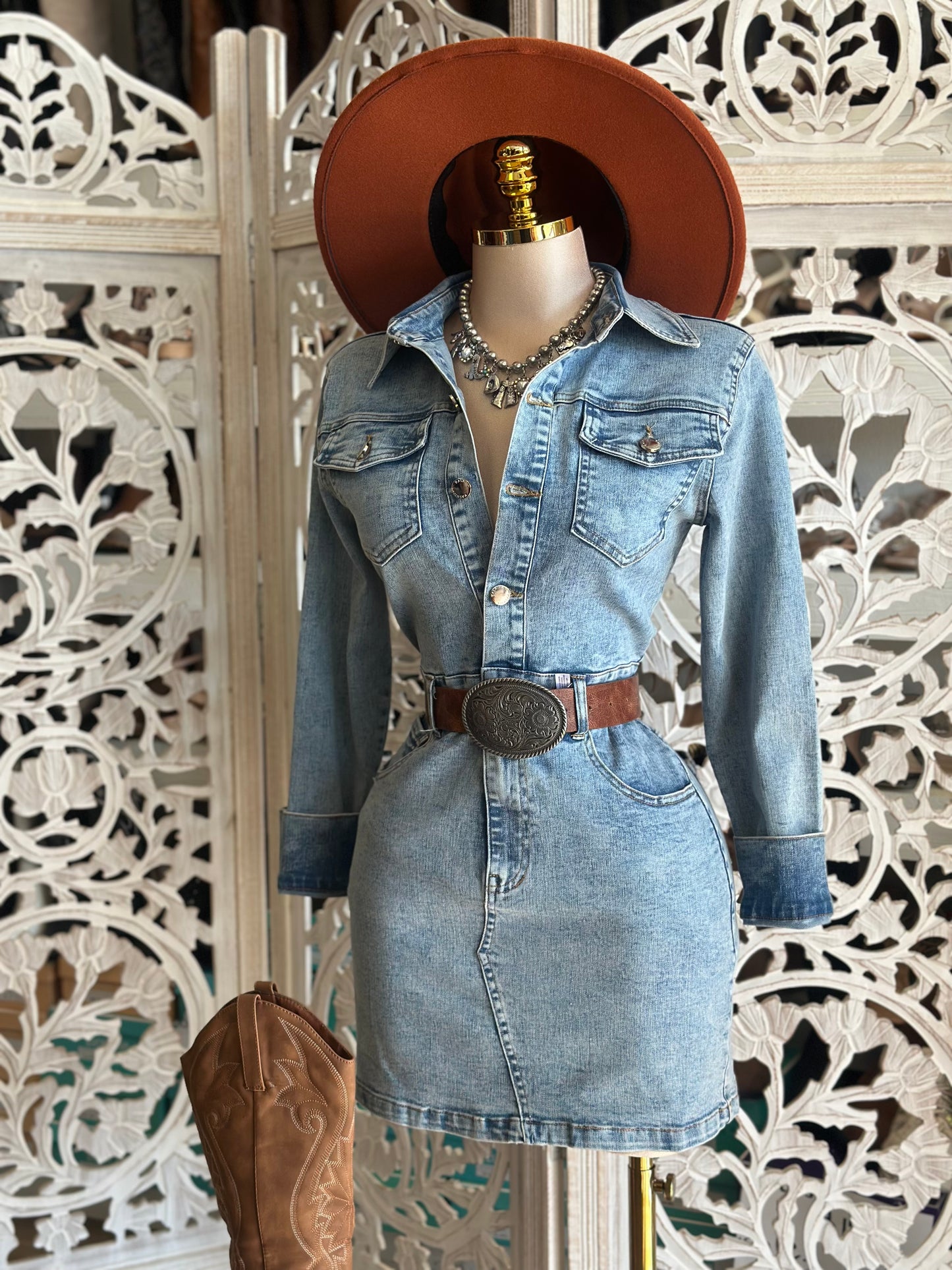 Light Denim Button Mini Dress- Stretchy,Estira