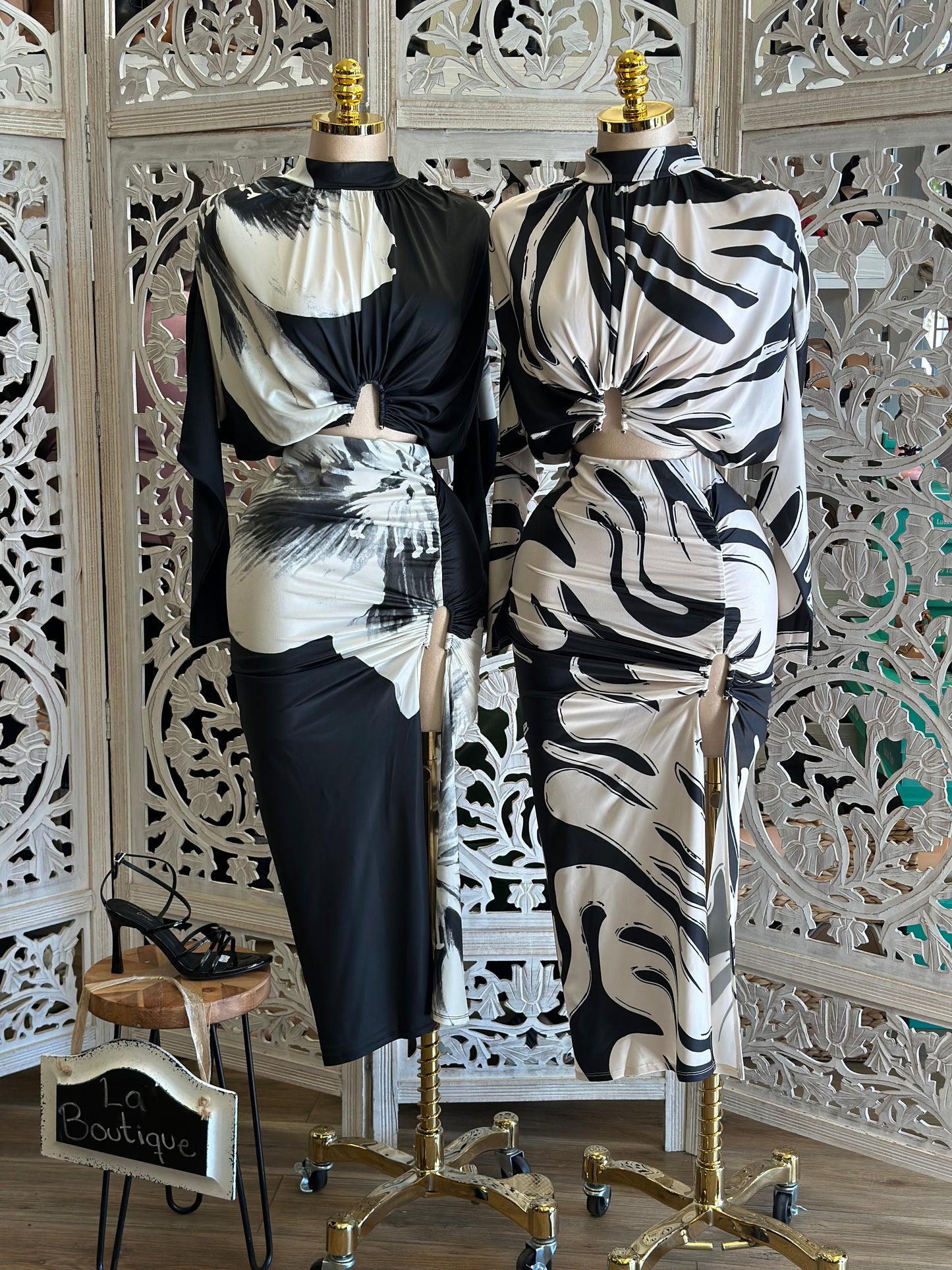 Multi Pattern Draped Top and Skirt Set - Stretchy, Estira