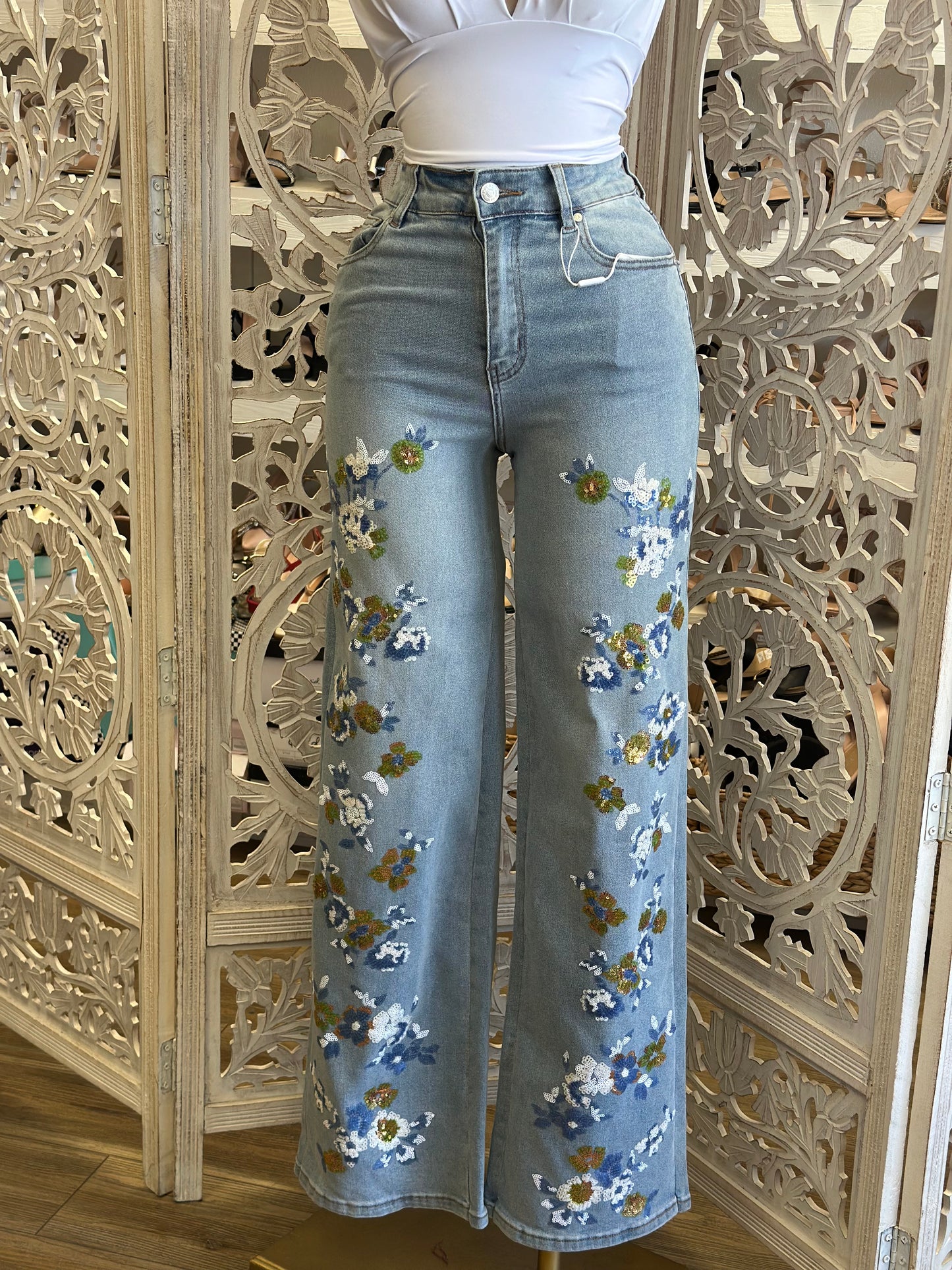 Sequin Floral Denim Wide Jeans - Stretchy, Estira