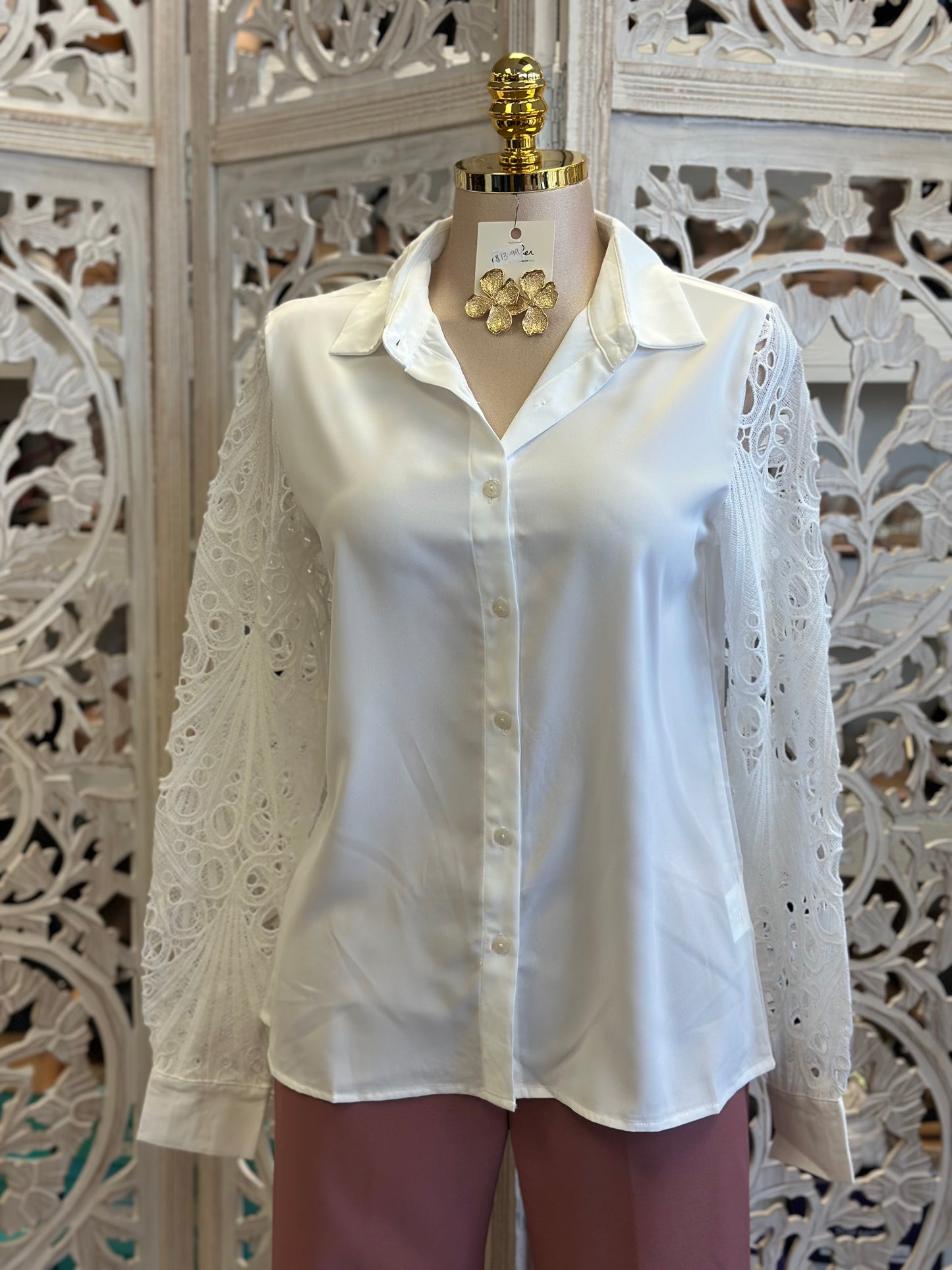 Lace Sleeve Button Blouse- Estira, Stretchy