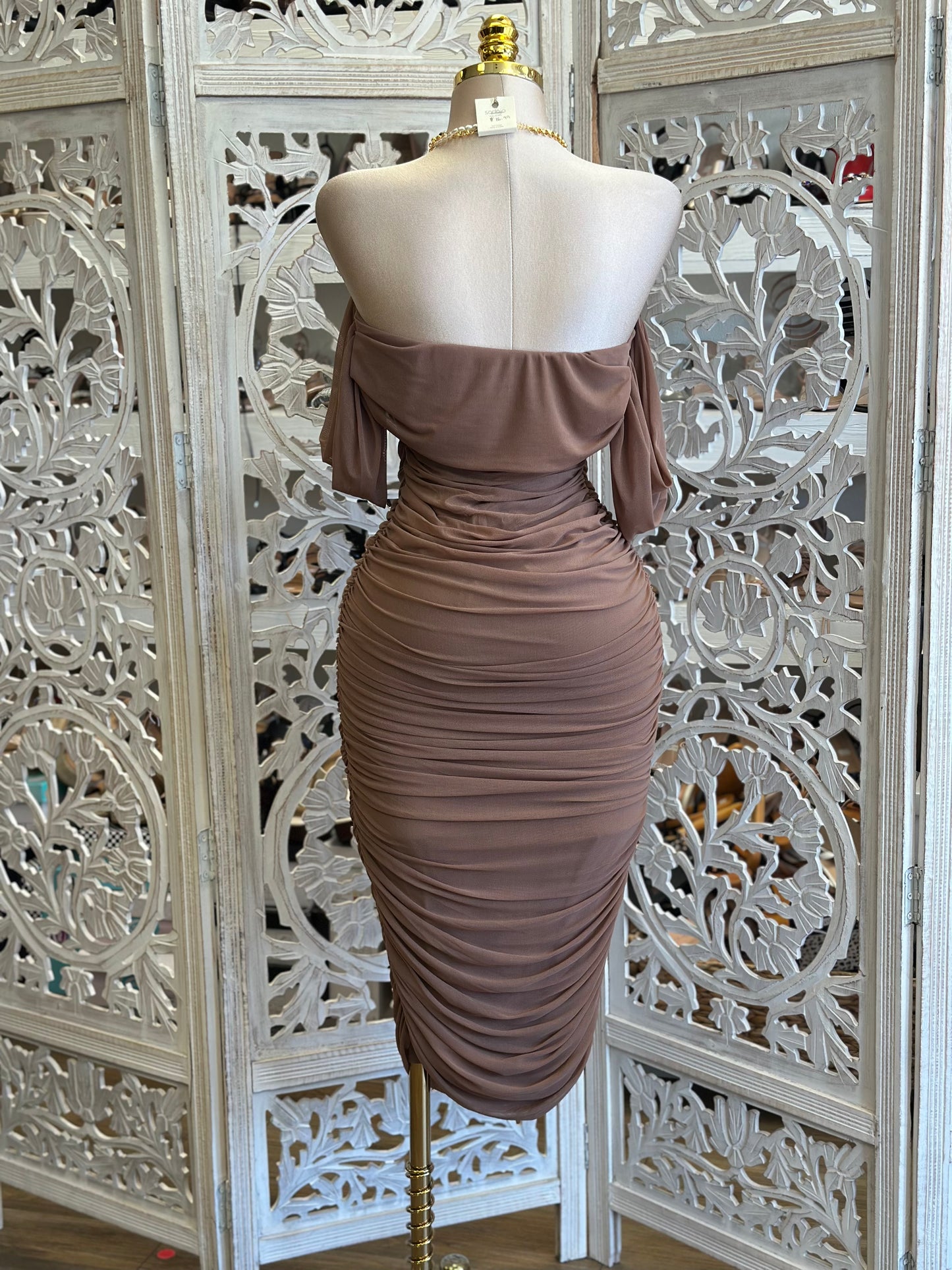 Soft Brown Ruched Off Shoulder Dress -  Estira, Stretchy