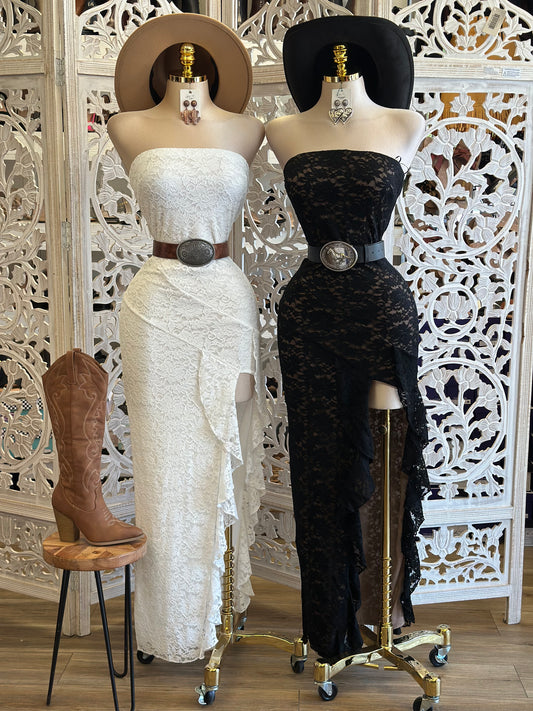 Lace High Slit Strapless Dress- Stretchy, Estira