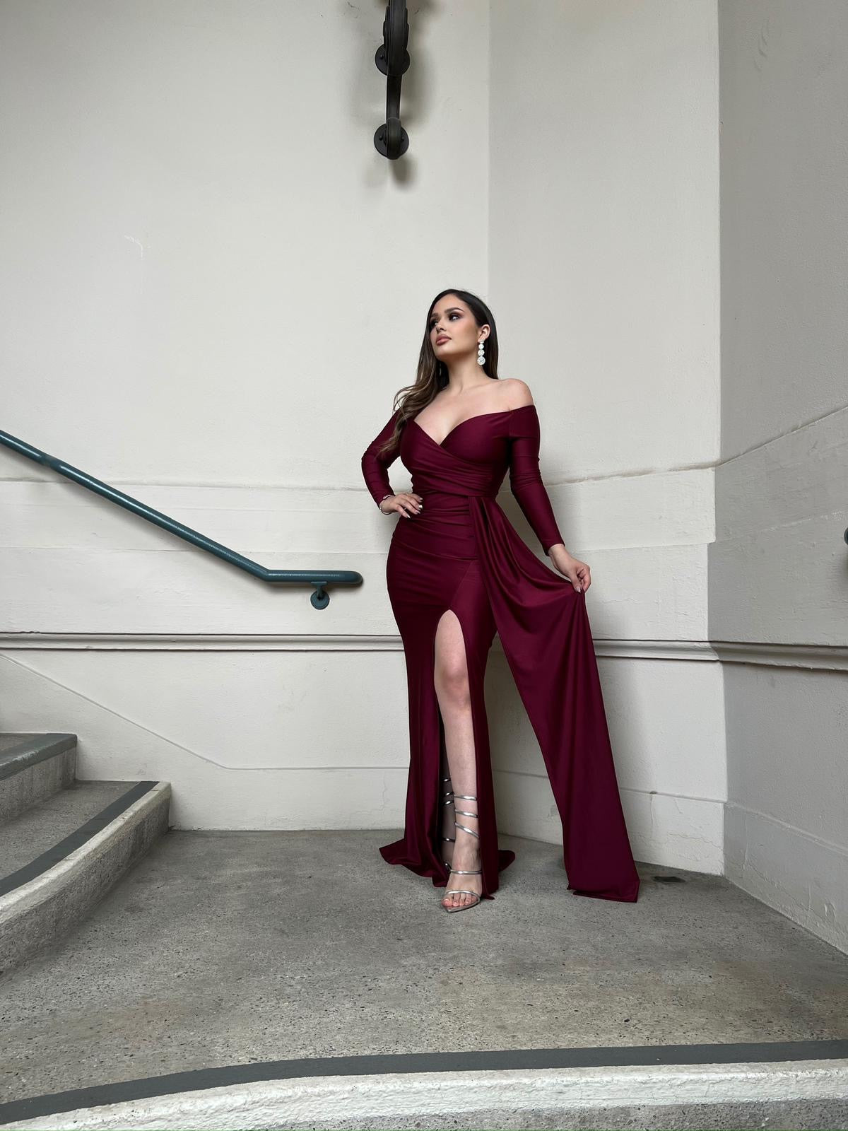 Burgundy Formal High Slit Ruched Dress- Stretchy,Estira