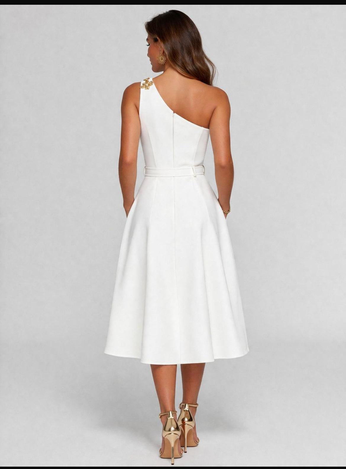 White Brass Detail Flare Dress - Estira, Stretchy