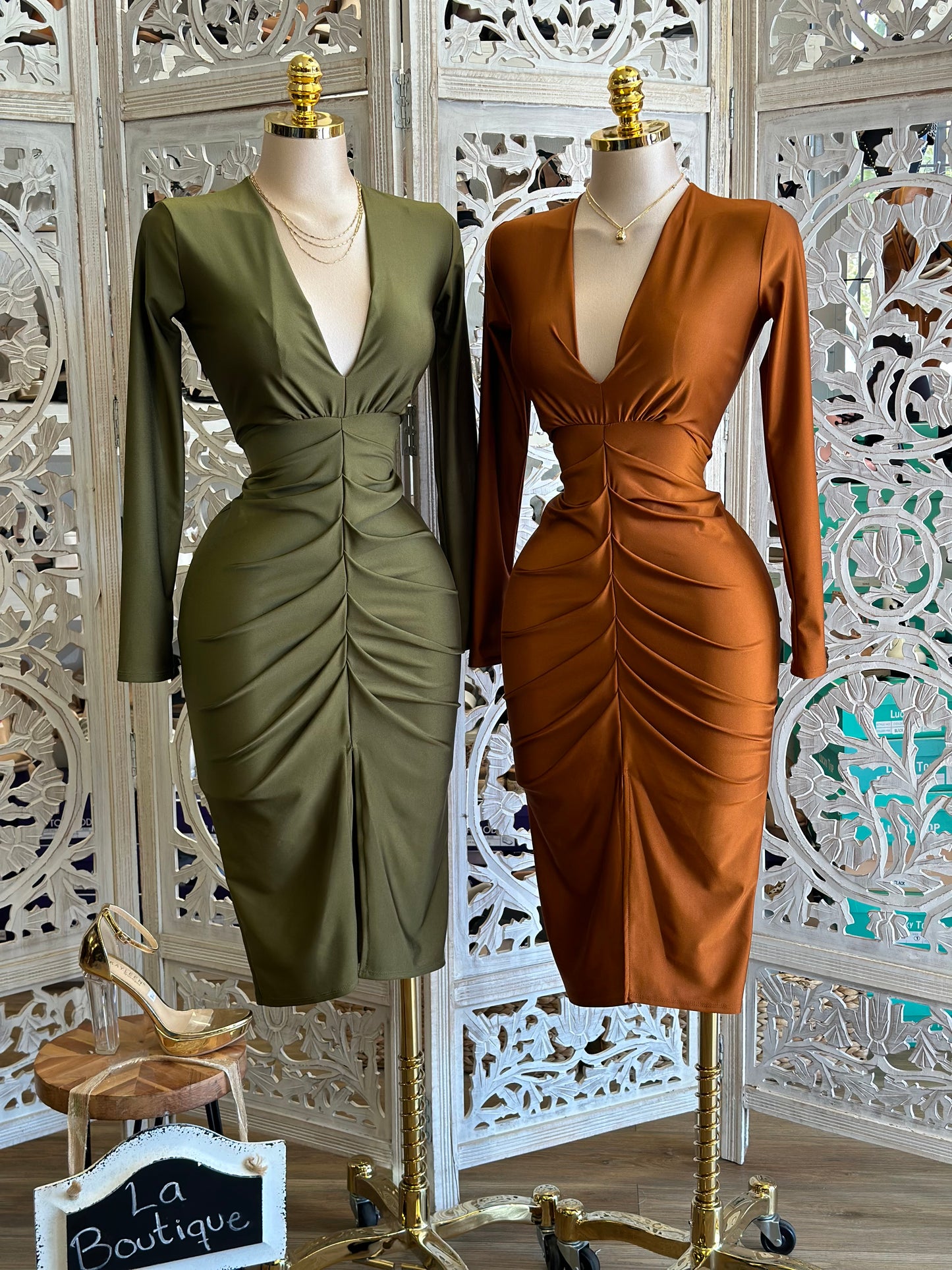 Deep V Long Sleeve Ruched Dress- Stretchy,Estira