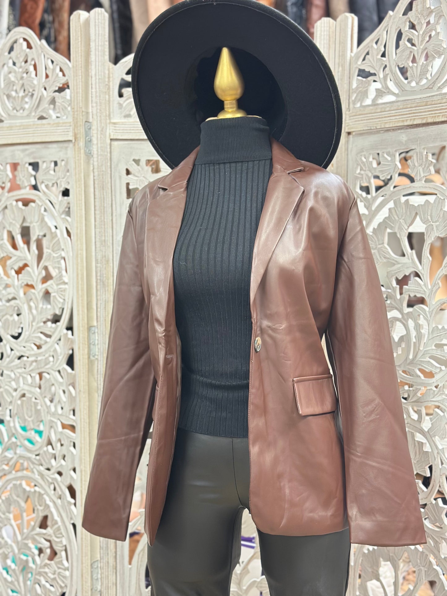 Chocolate Faux Leather Blazer Coat- Stretchy, Estira