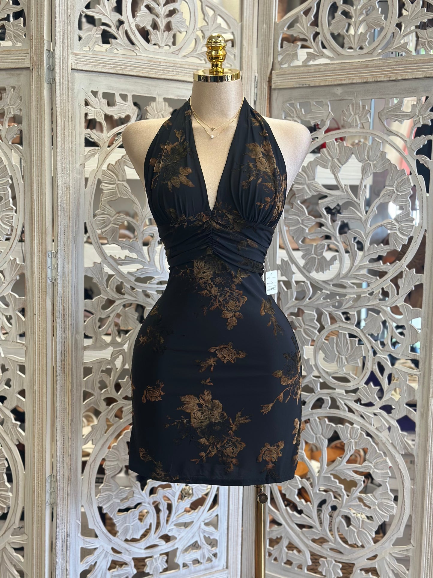 Deep V Open Back Fall Floral Mini Dress - Estira , Stretchy