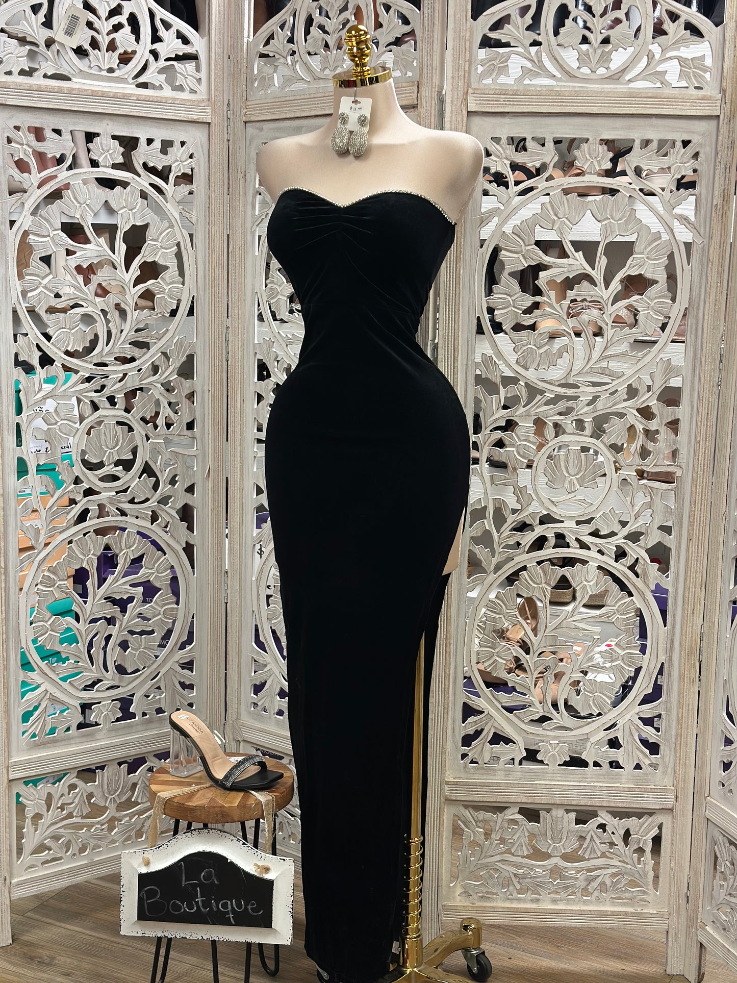 Black Velvet Rhinestone Lined Formal Dress- Stretchy,Estira
