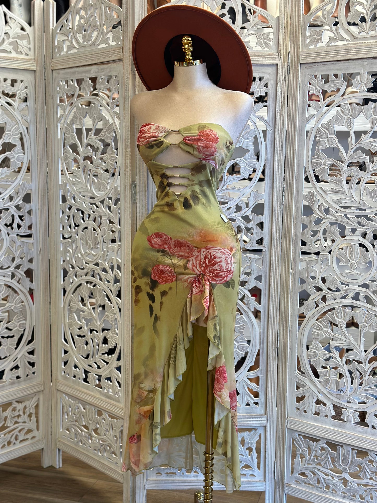 Strapless Green Cutout Ruffle Dress - Estira, Stretchy