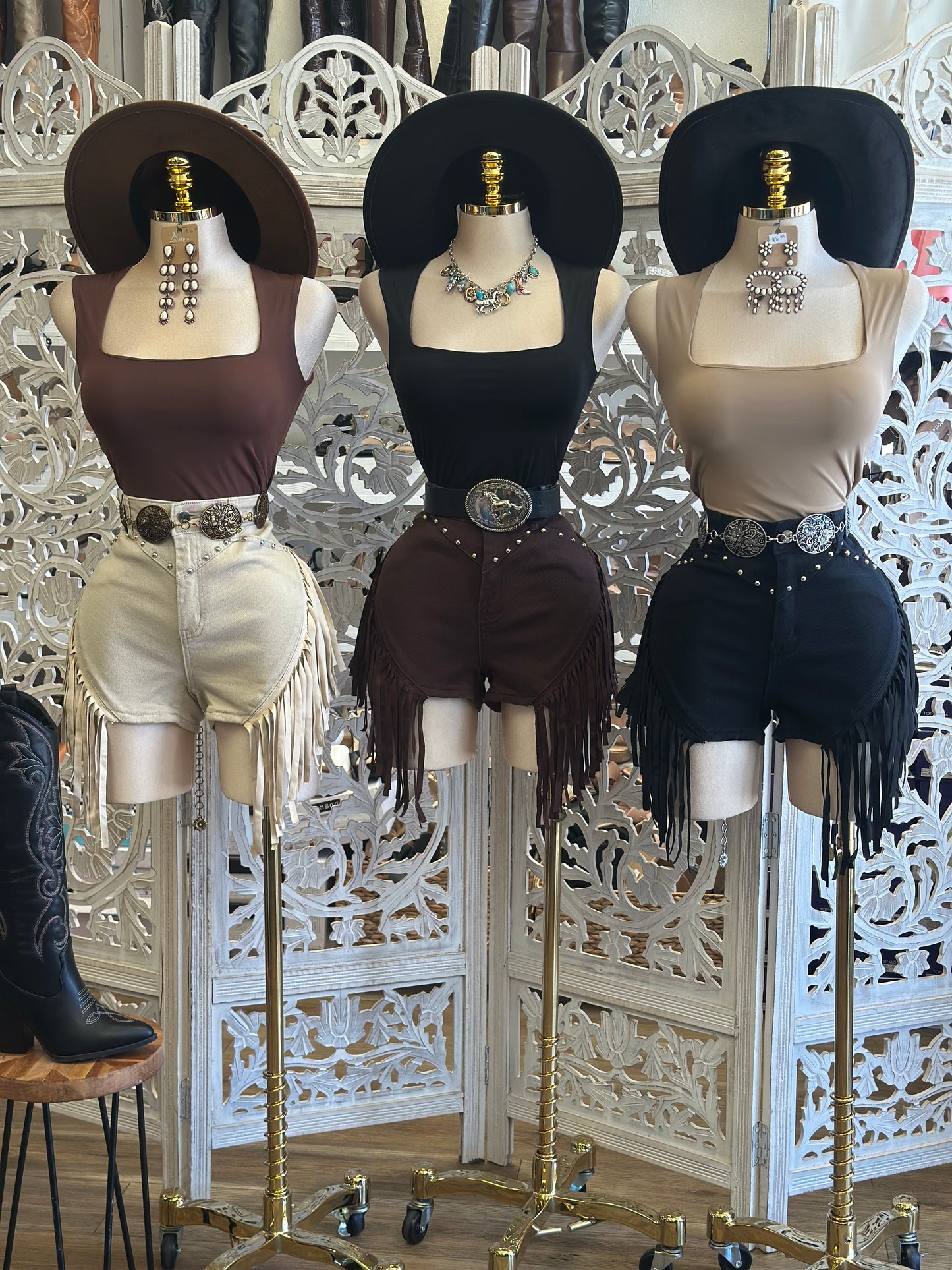 Studded Fringe Denim Shorts - Stretchy, Estira