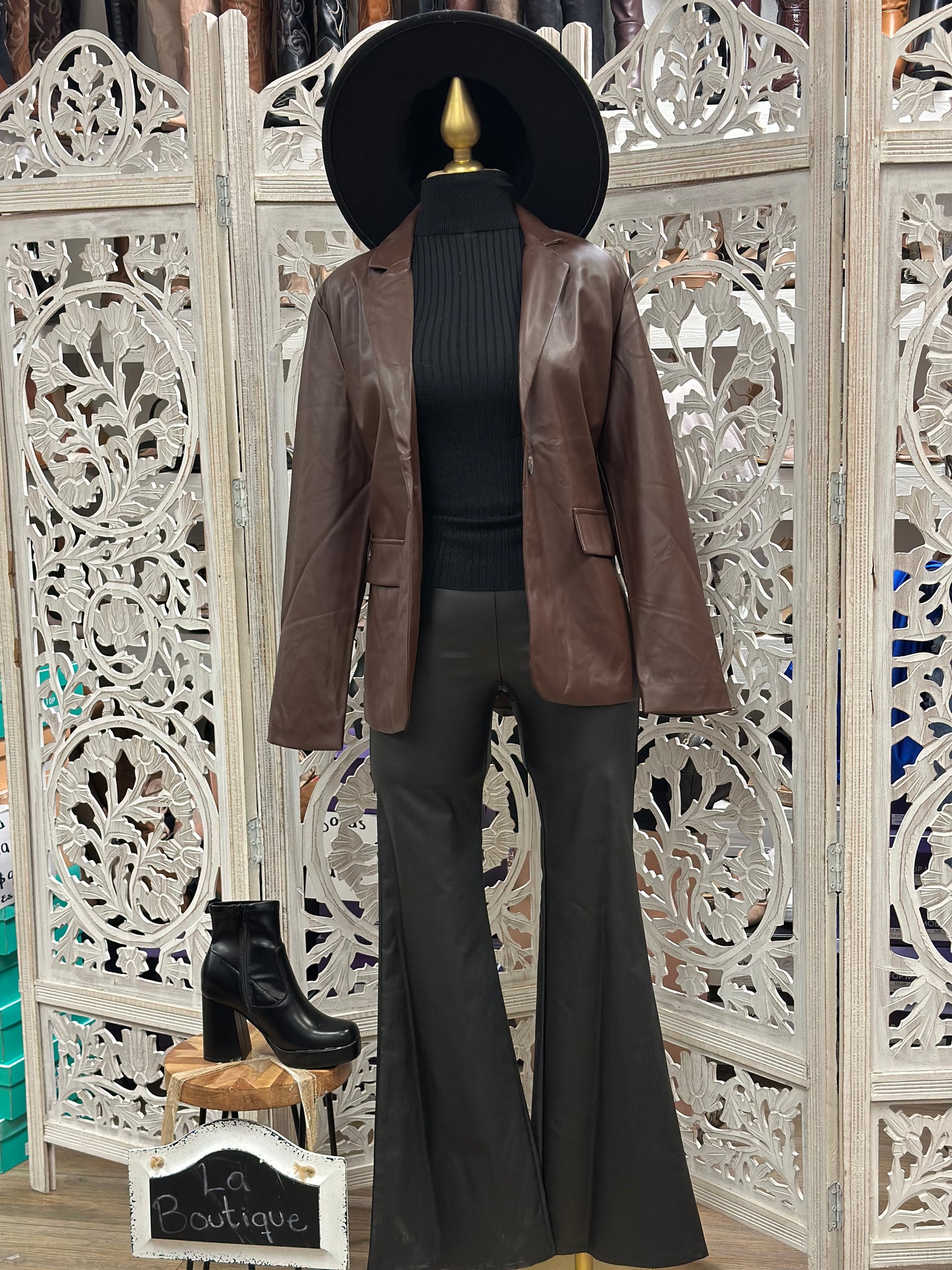 Chocolate Faux Leather Blazer Coat- Stretchy, Estira