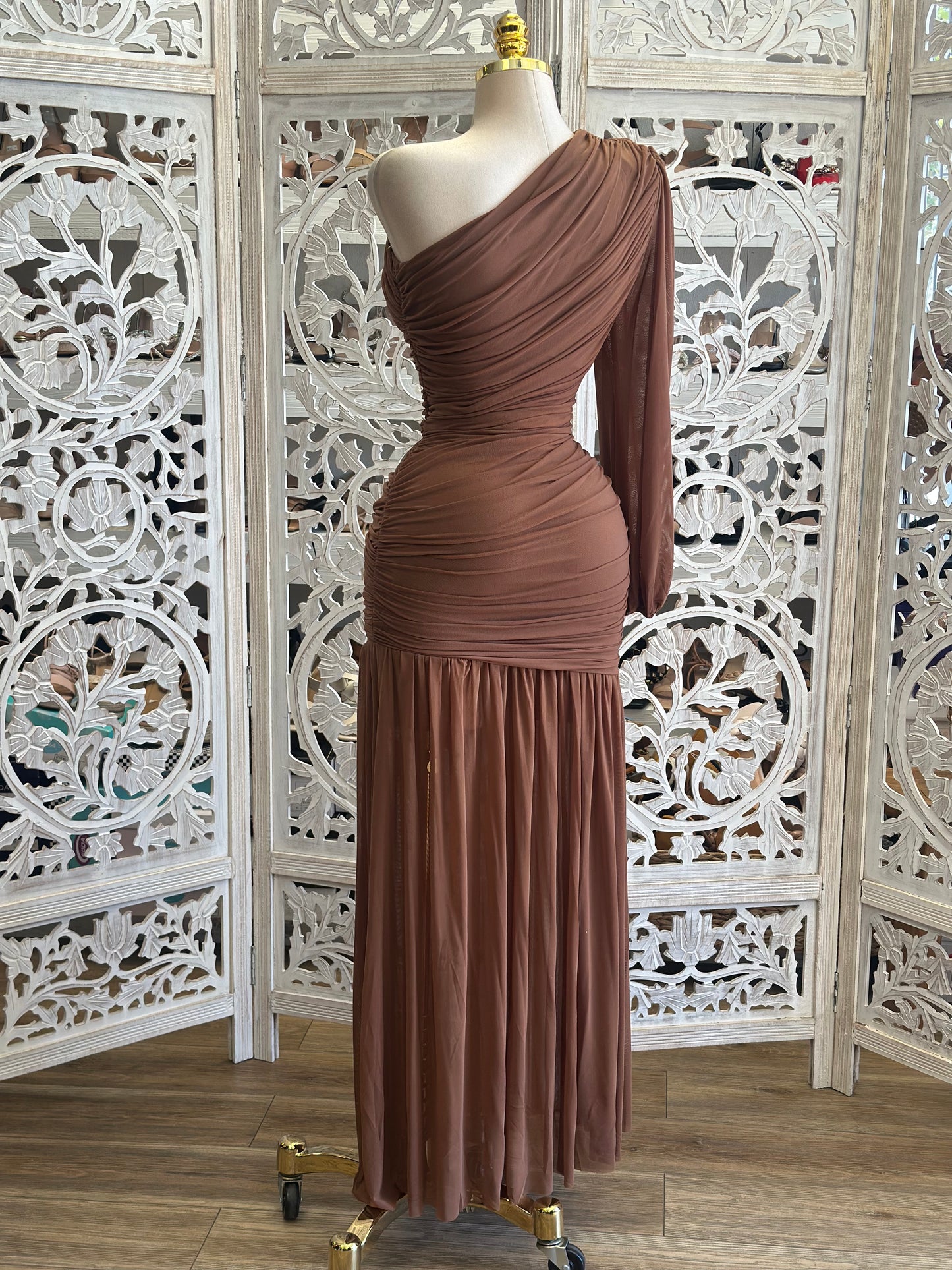 Draped One Sleeve Mesh Maxi Dress -  Estira, Stretchy