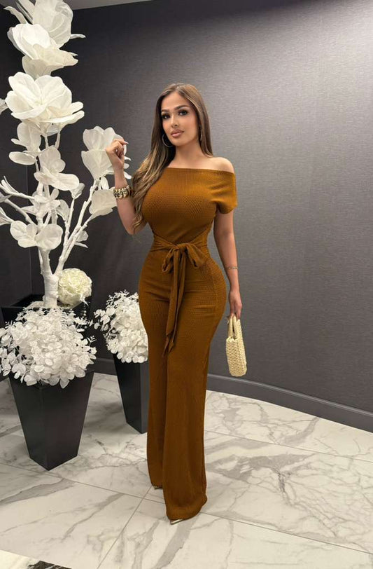 Mahogany Ribbed Asymmetrical Jumpsuit - Stretchy,Estira