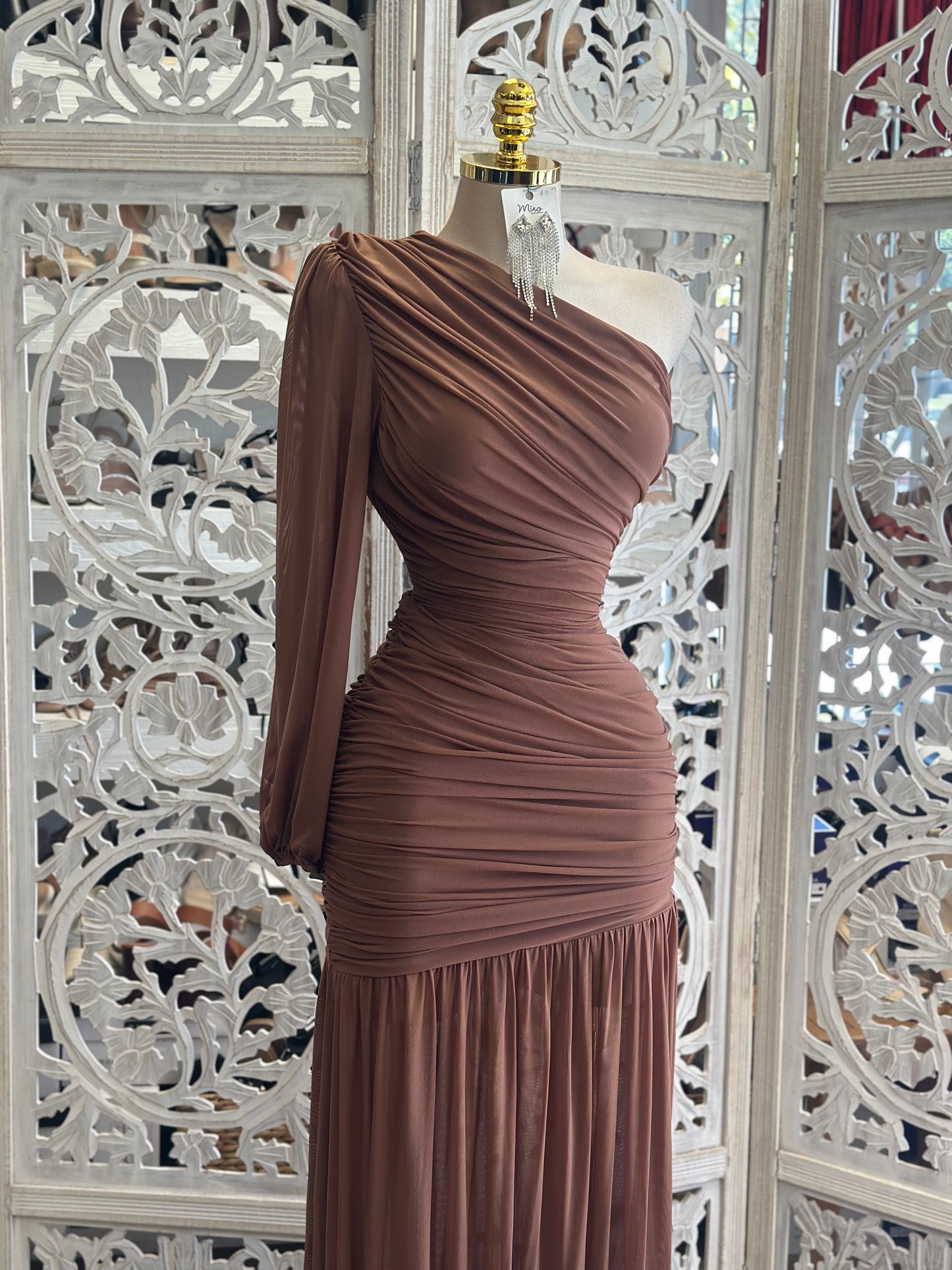 Draped One Sleeve Mesh Maxi Dress -  Estira, Stretchy