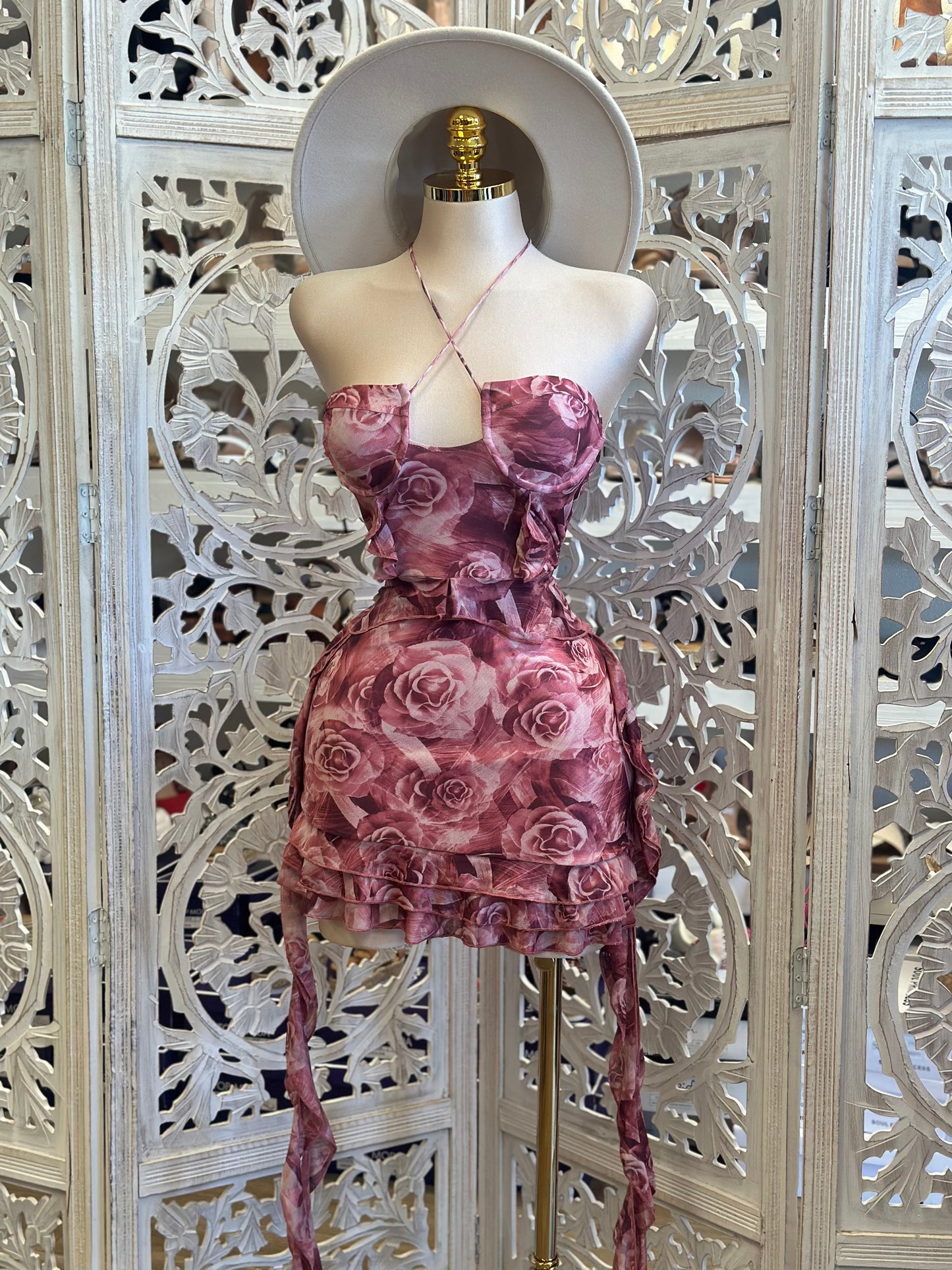 Rose Print Crossed Mini Dress- Stretchy, Estira