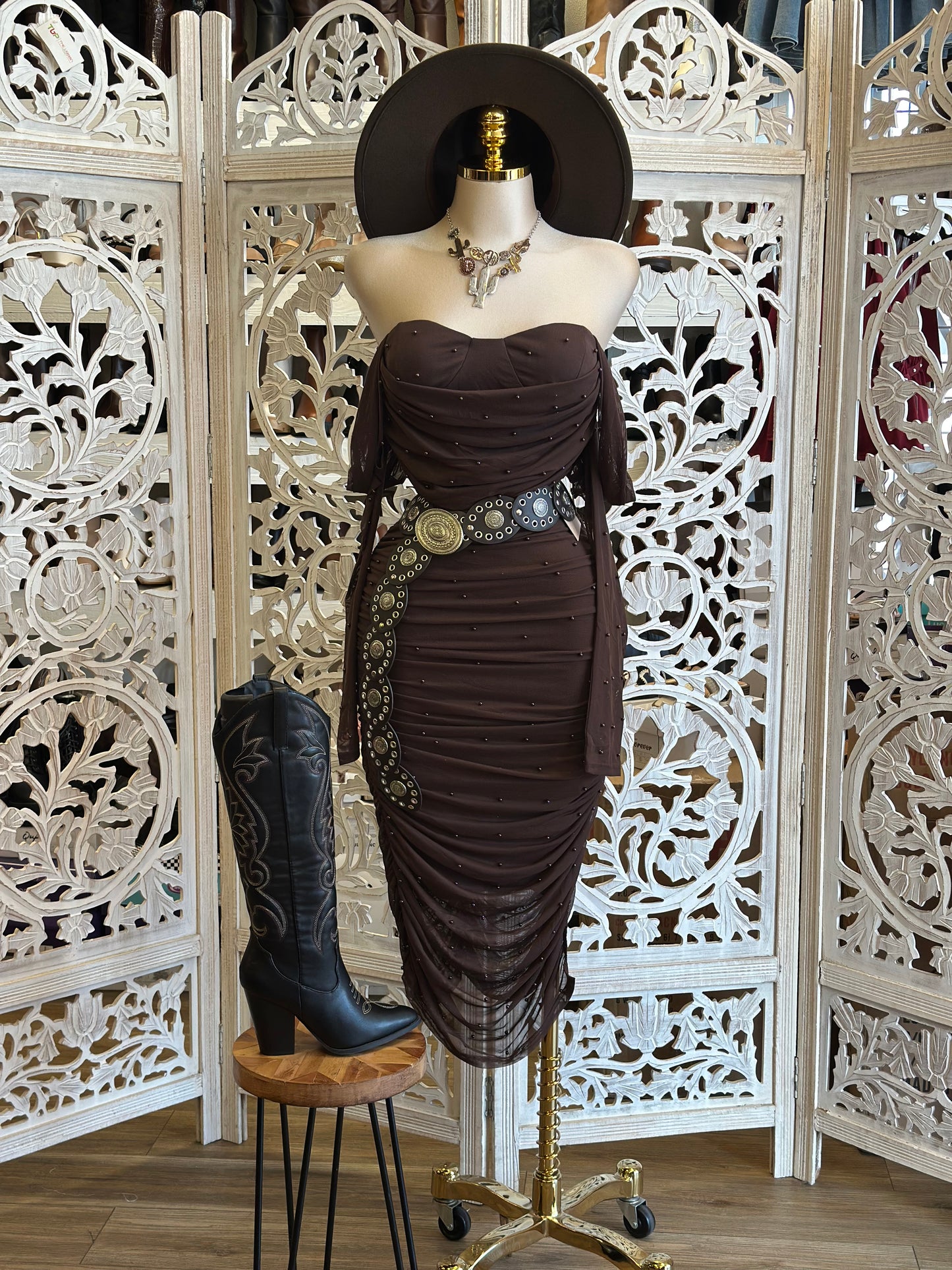 Earth Ruched Embellished Midi Dress- Stretchy, Estira