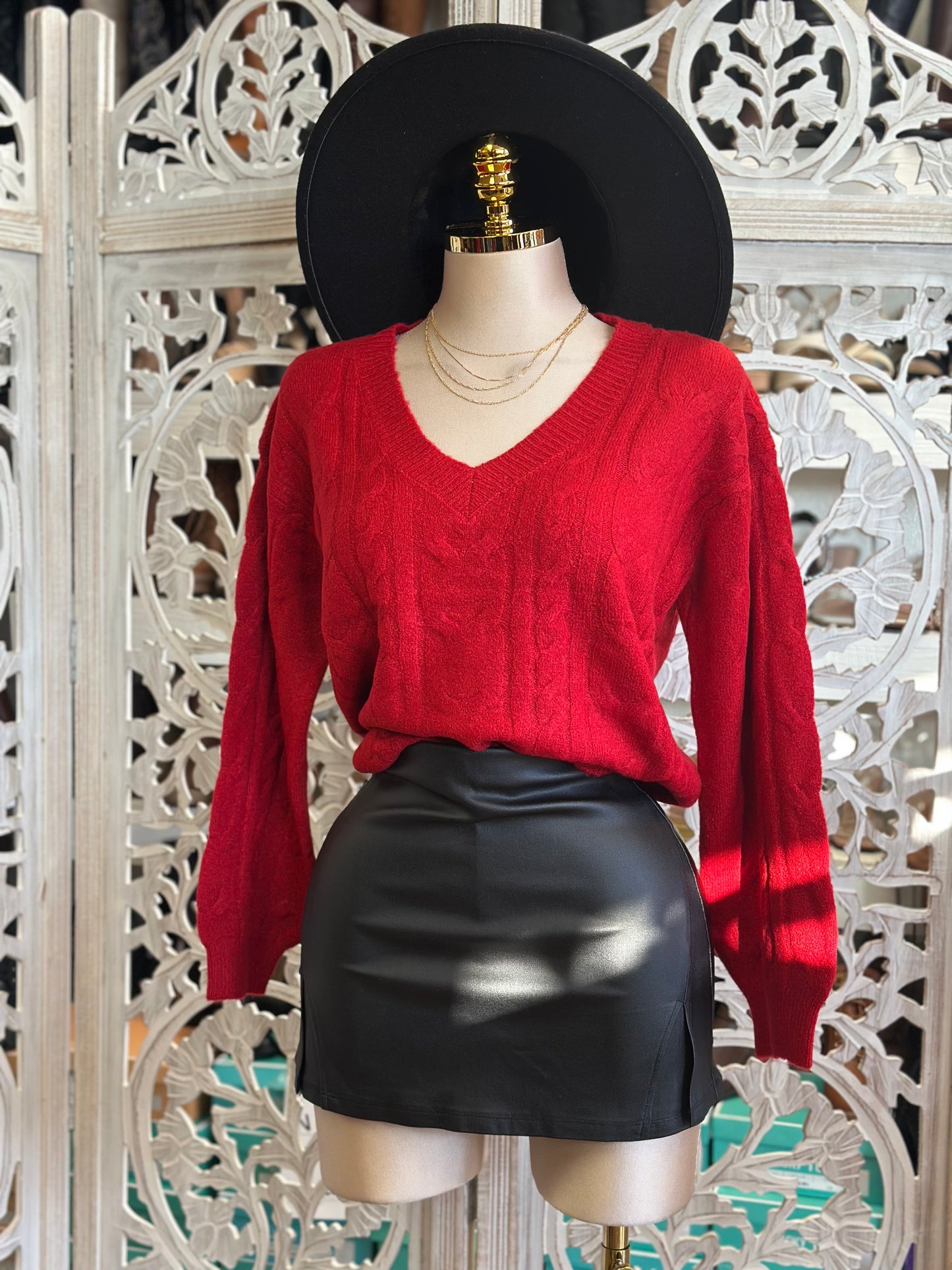 Red V Cable Knit Sweater