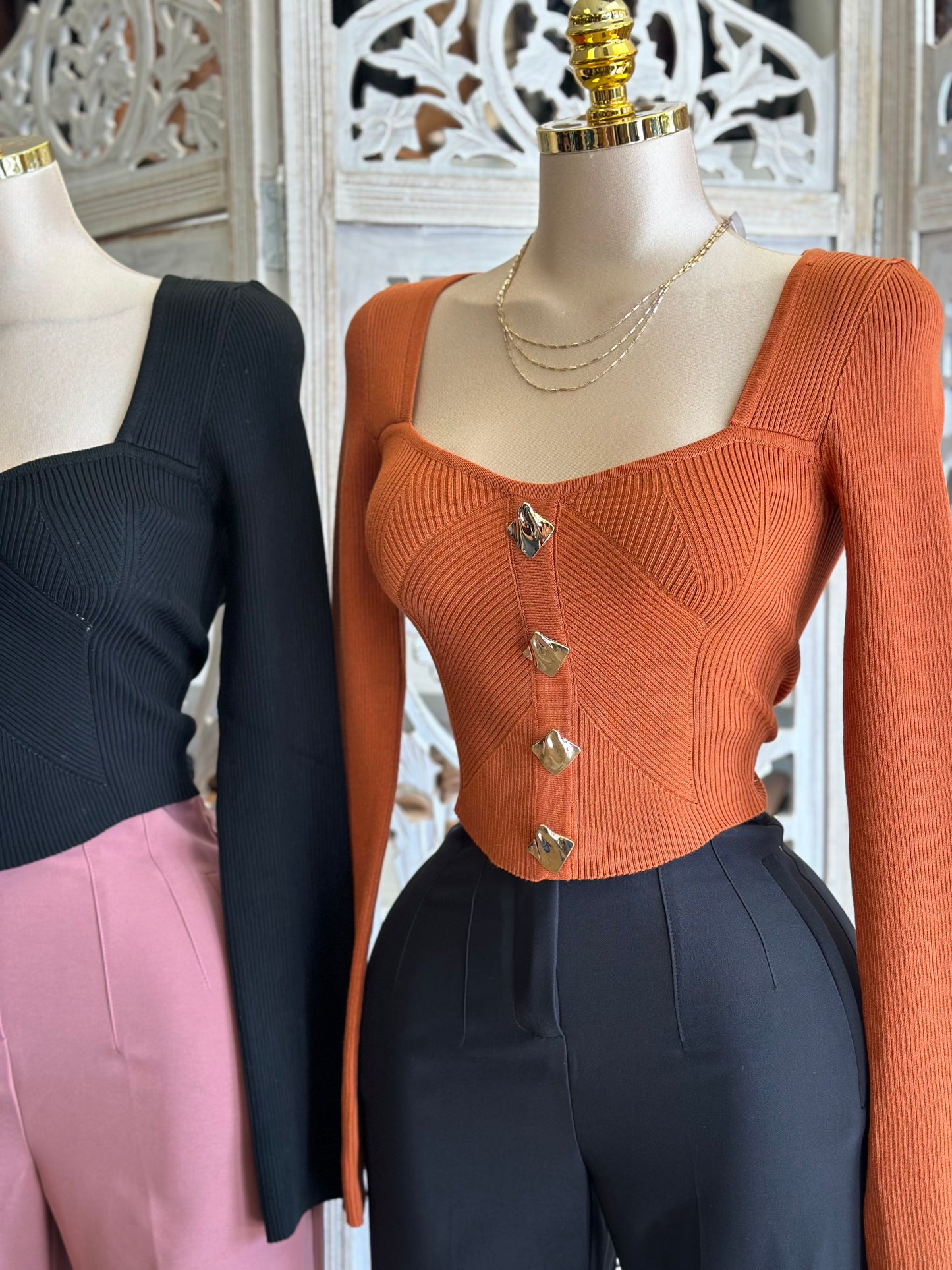 Ribbed Asymmetrical Gold Button Top- Stretchy,Estira