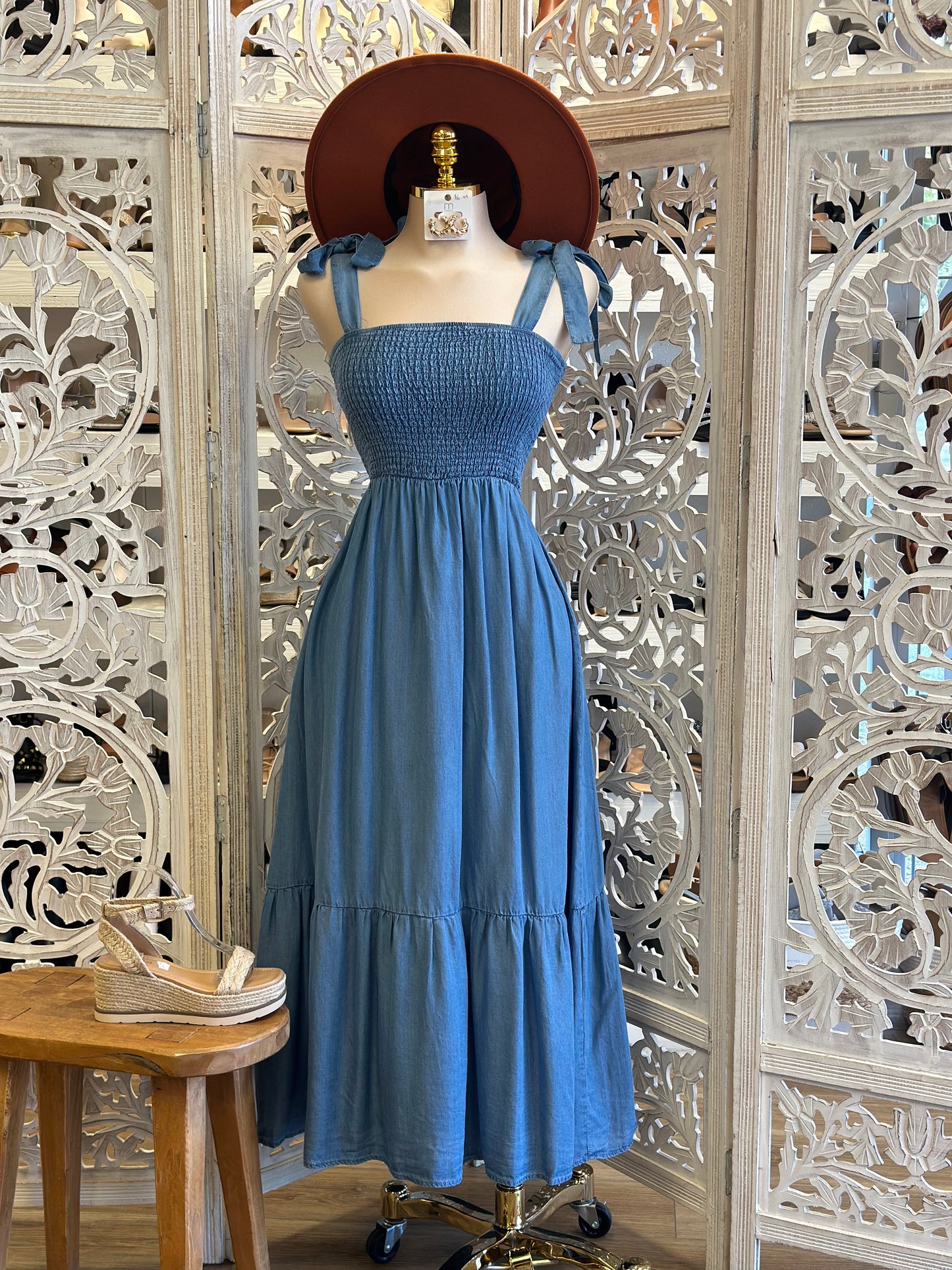 Smocked Denim Maxi Dress- Estira, Stretchy