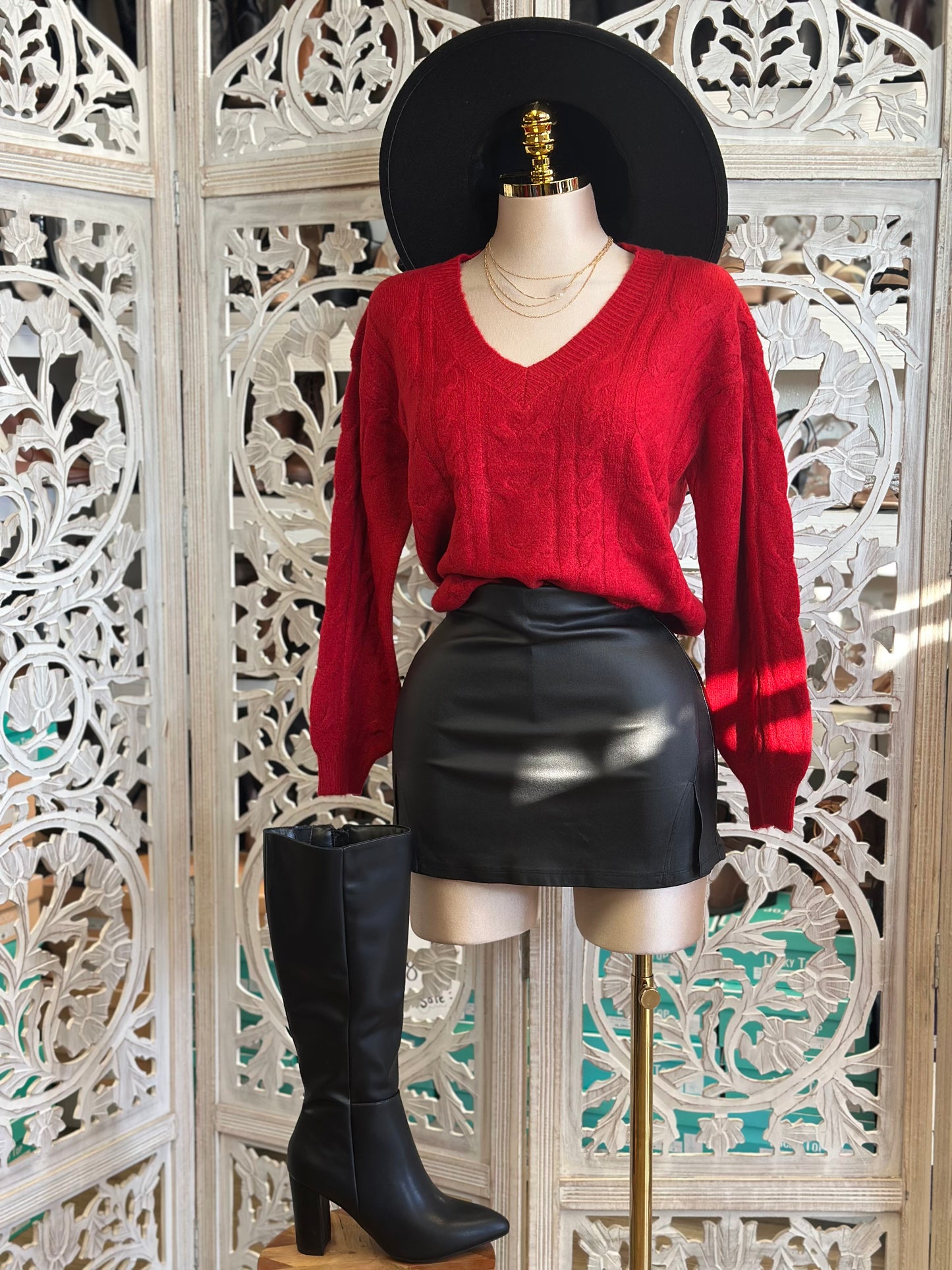 Red V Cable Knit Sweater