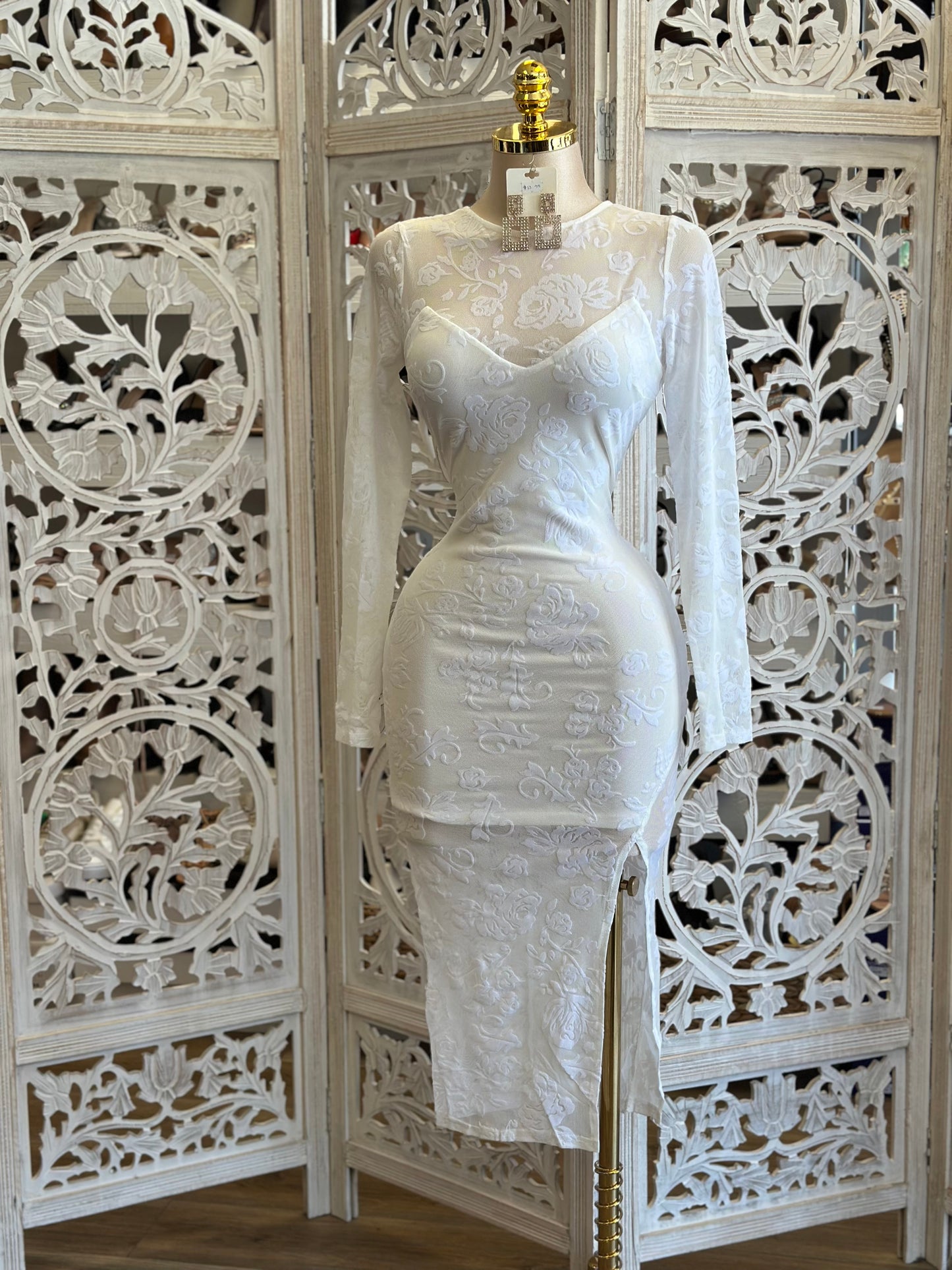 White Mesh Velvet Floral Dress- Stretchy , Estira