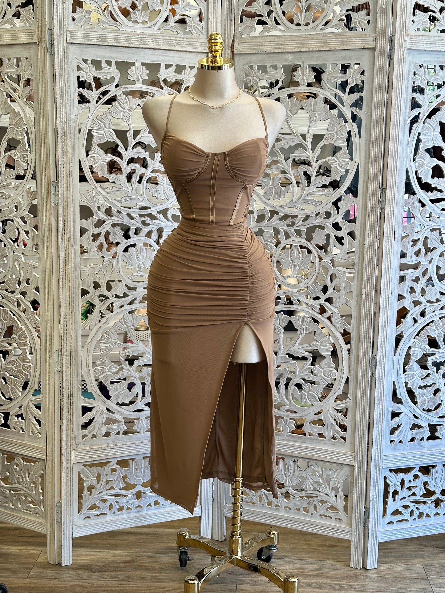 Brown Satin Lined Halter Corset Dress-Estira Stretchy