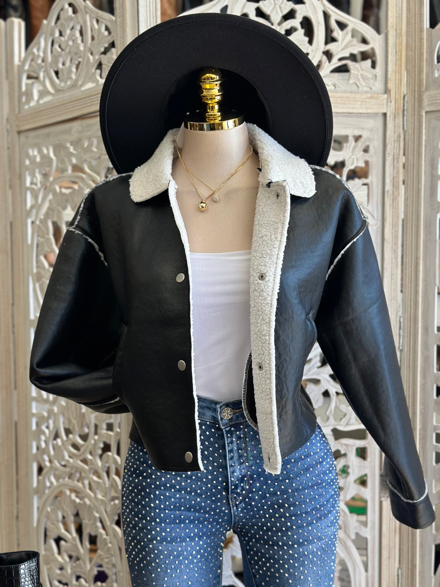 Sherpa Lined Faux Leather Jacket- Stretchy,Estira