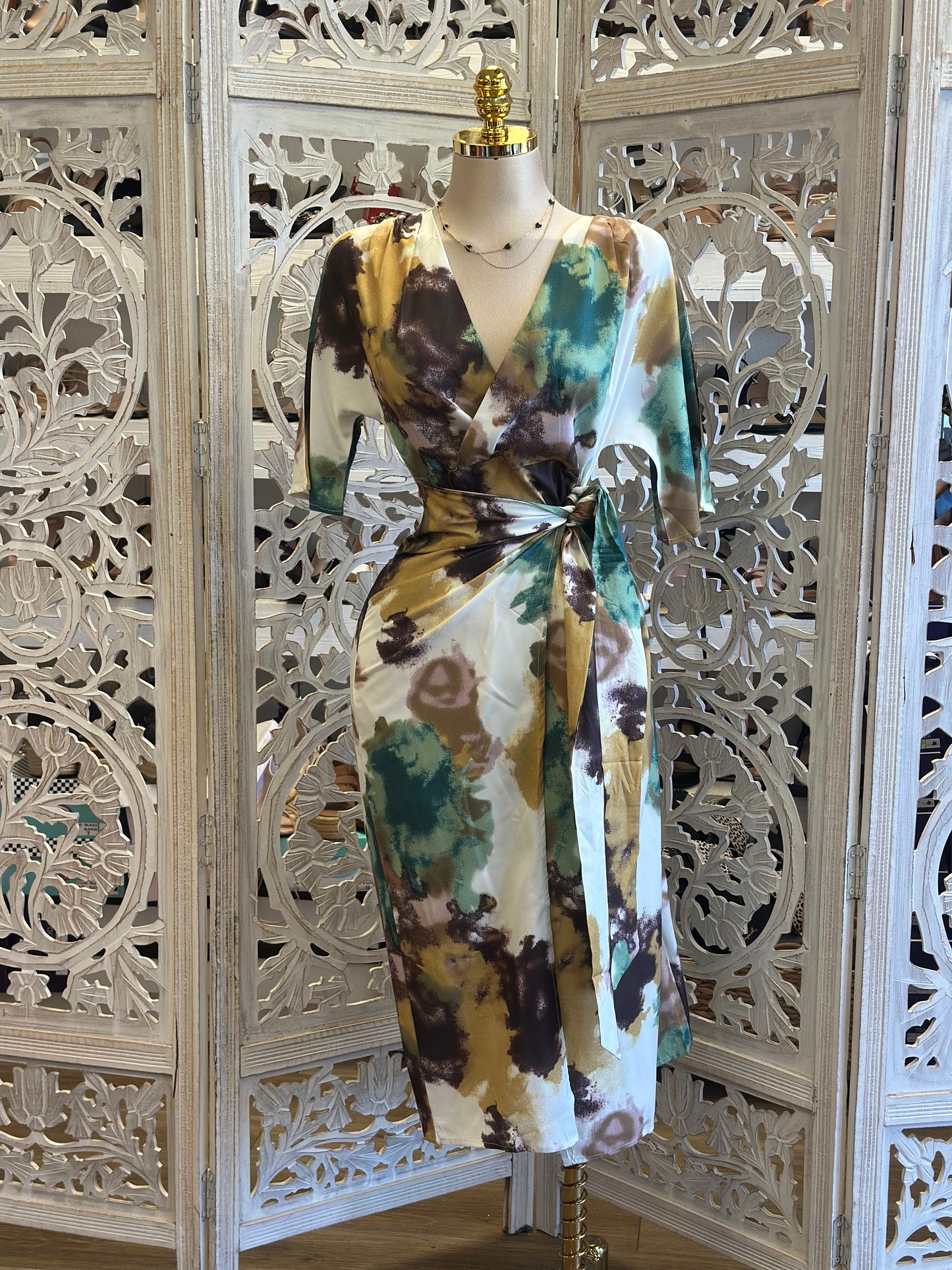 Wrapped Teal and Blue Midi Dress-No Estira, Not Stretchy