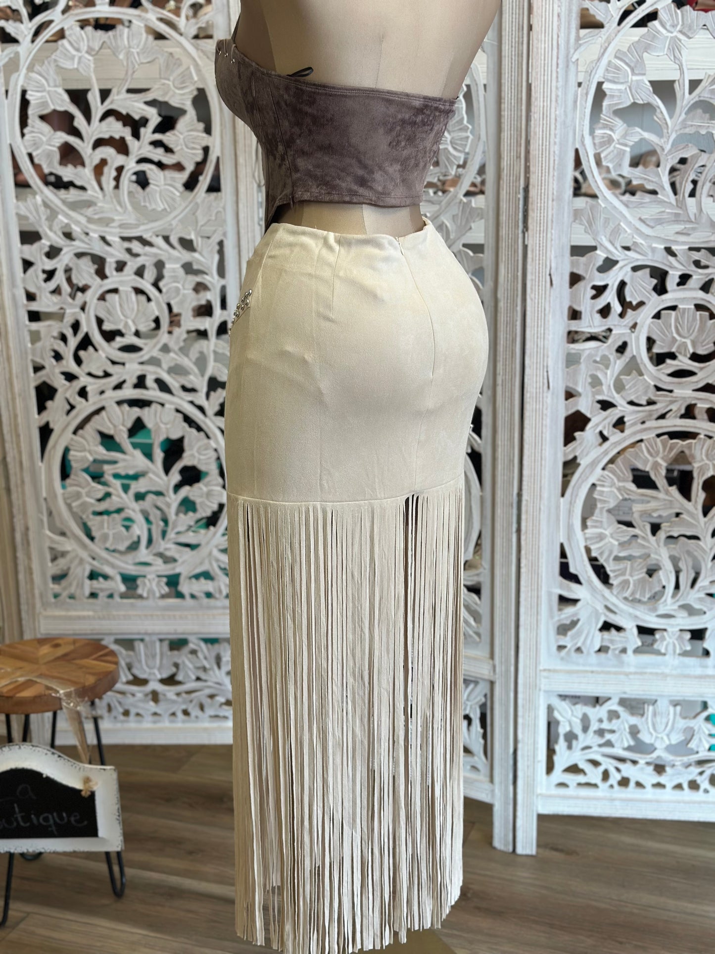 Suede Fringe Midi Skirt-Estira, Stretchy