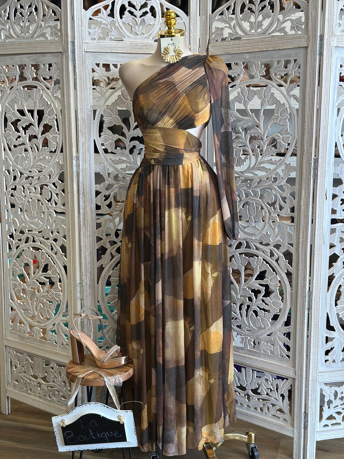 One Sleeve Pleated Pattern Dress- Stretchy,Estira