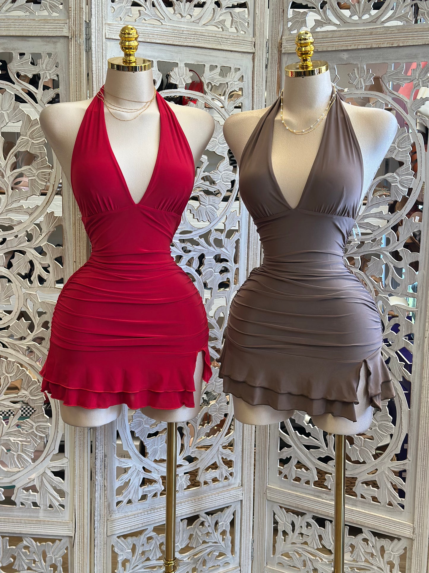 Deep Neckline Ruffle Mini Dress - Estira, Stretchy lo