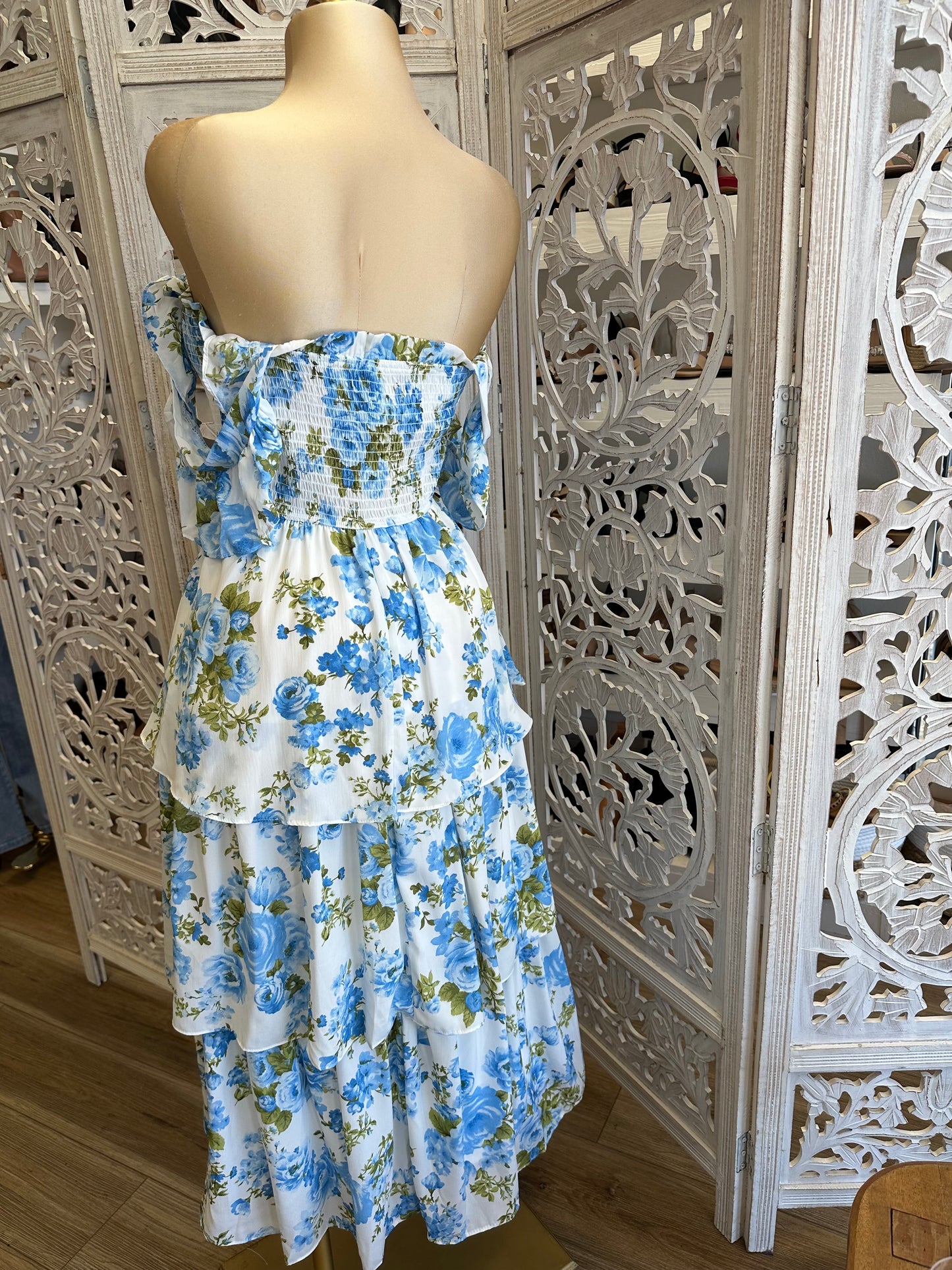 Smocked Blue Floral Ruffle Dress- Stretchy, Estira