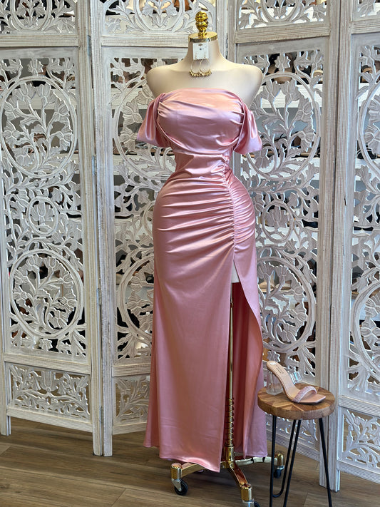 Rose Gold Formal Ruched Dress- Estira, Stretchy