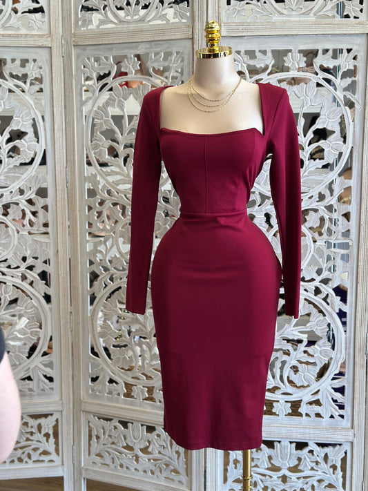 Square Neck Bodycon Burgundy Dress-Estira Poco , Slightly Stretchy