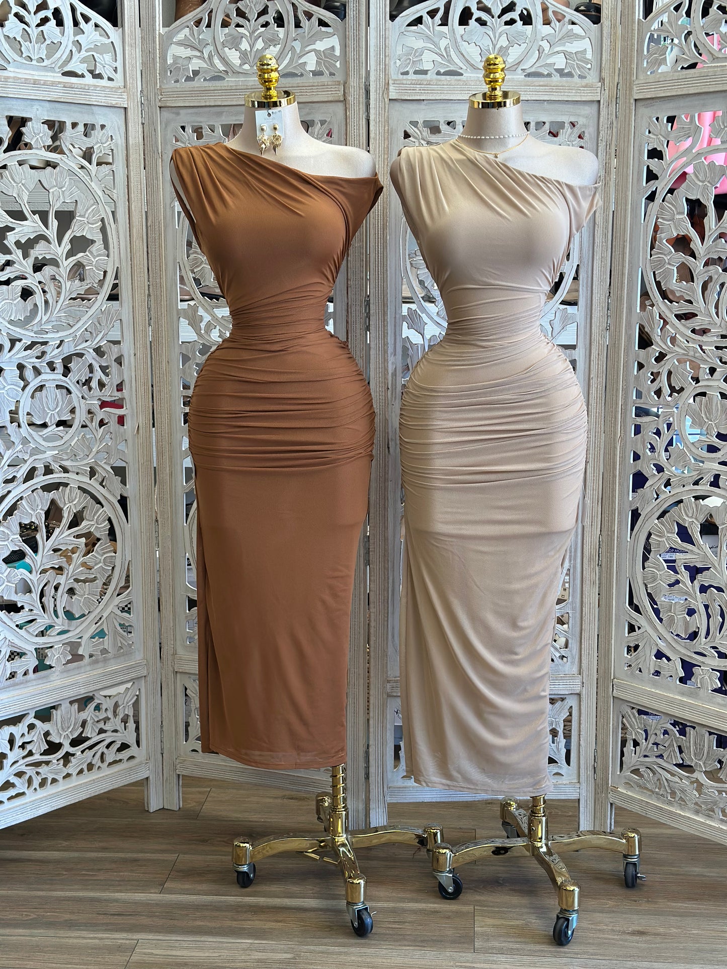 Asymmetrical Draped Neutral Dress - Estira, Stretchy