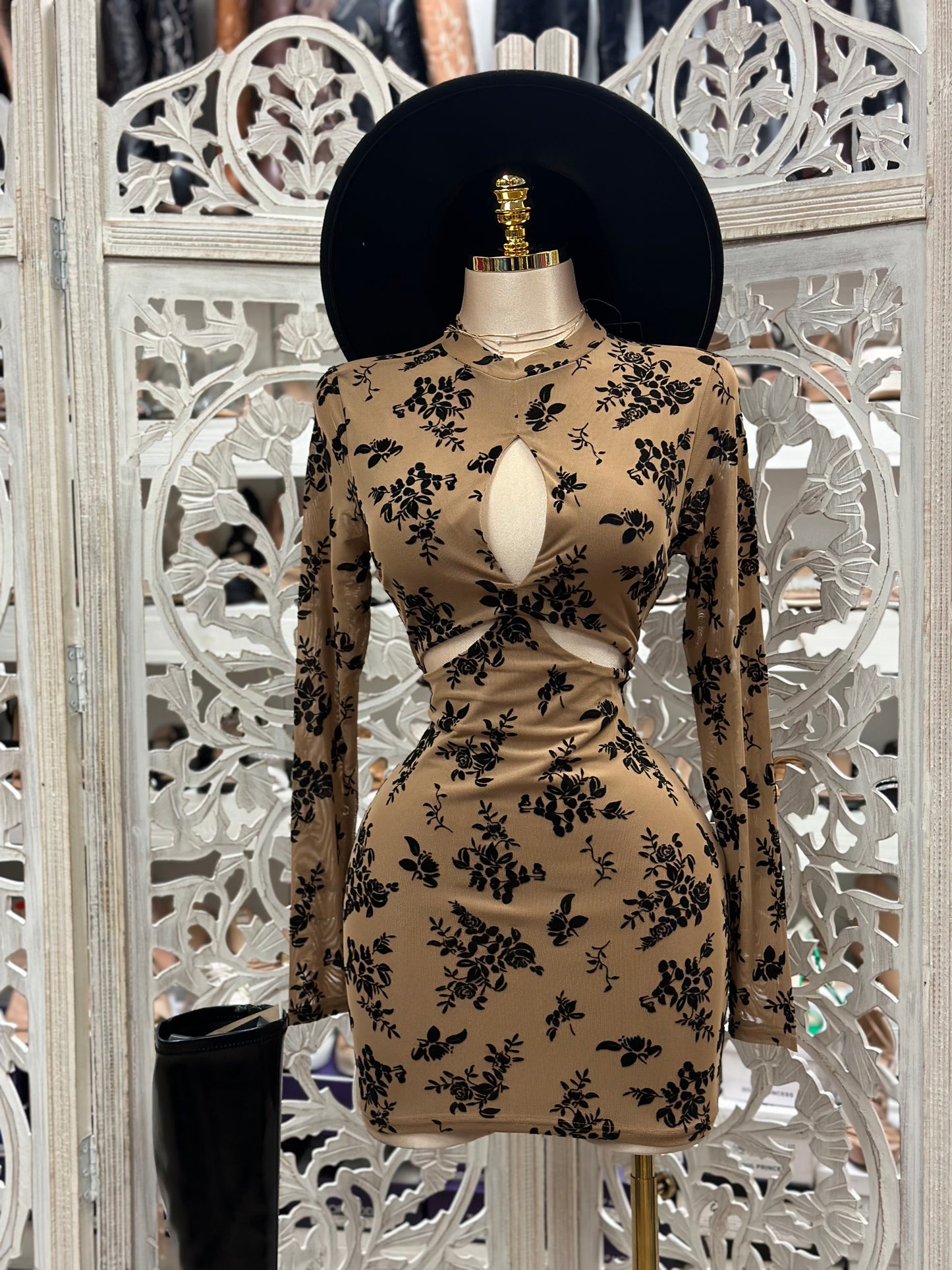 Velvet Floral Cutout Mini Dress- Stretchy, Estira