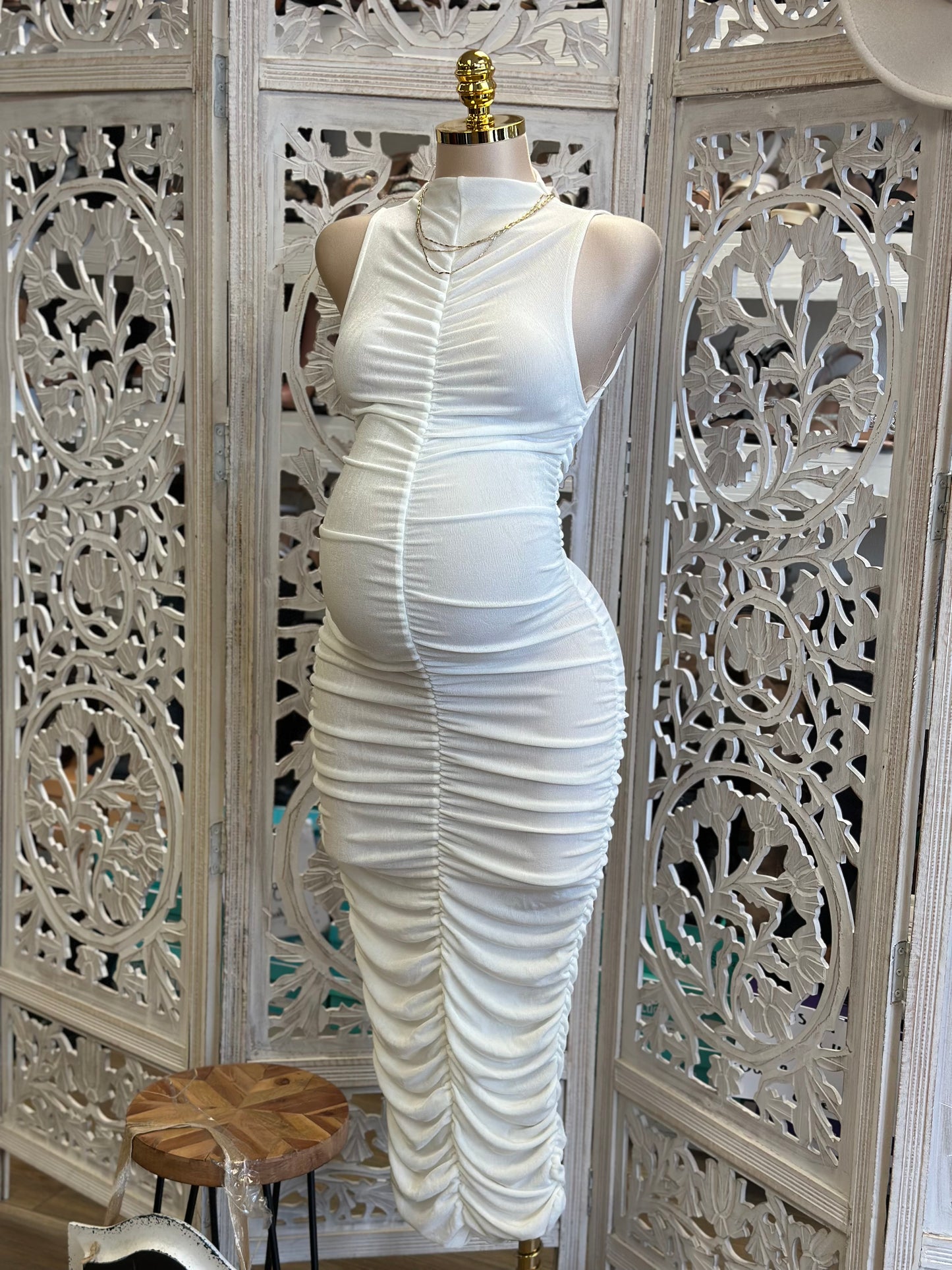 White Mock Neck Midi Ruched Dress- Stretchy,Estira