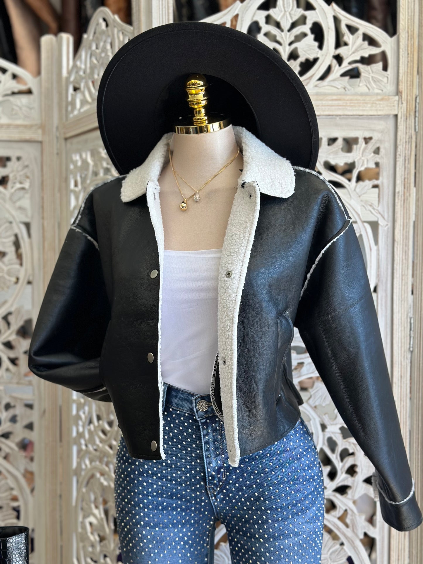 Sherpa Lined Faux Leather Jacket- Stretchy,Estira