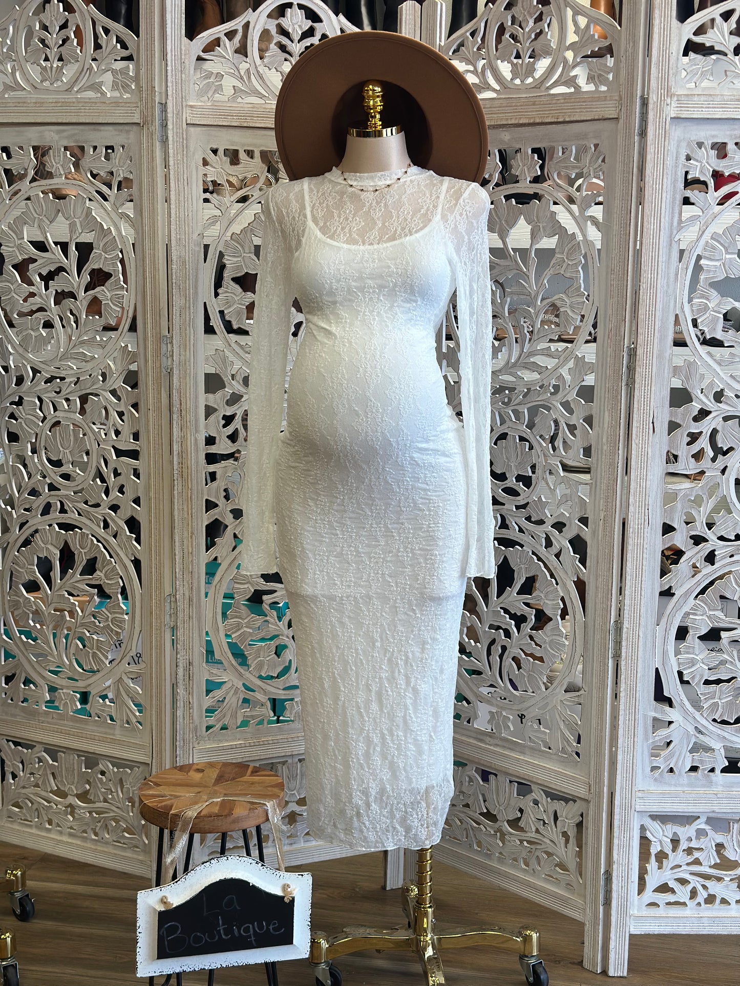 White Mock Neck Lace Maxi Dress- Stretchy,Estira