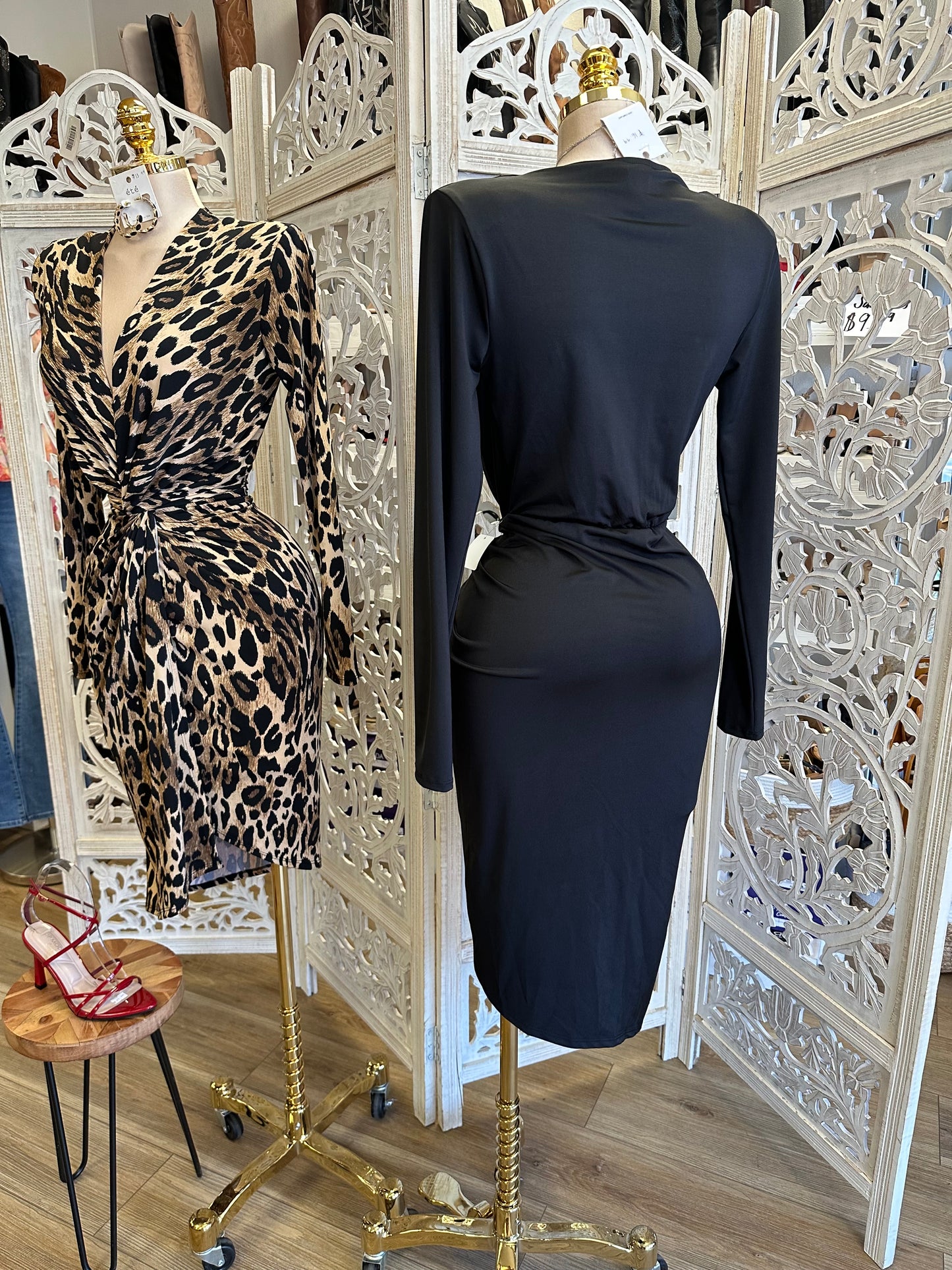 Deep V Knotted Long Sleeve Dress- Stretchy