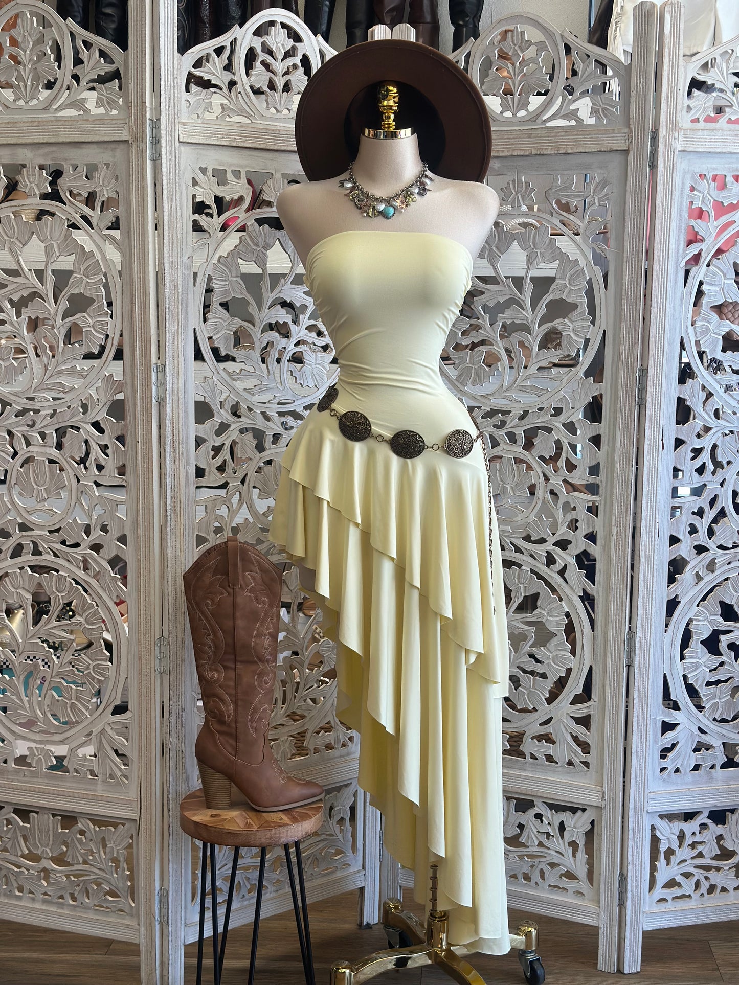 Strapless Butter Yellow Ruffle Dress- Stretchy, Estira
