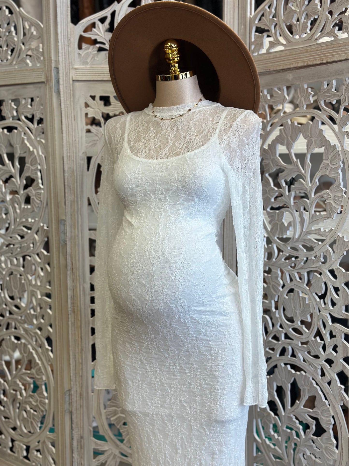 White Mock Neck Lace Maxi Dress- Stretchy,Estira