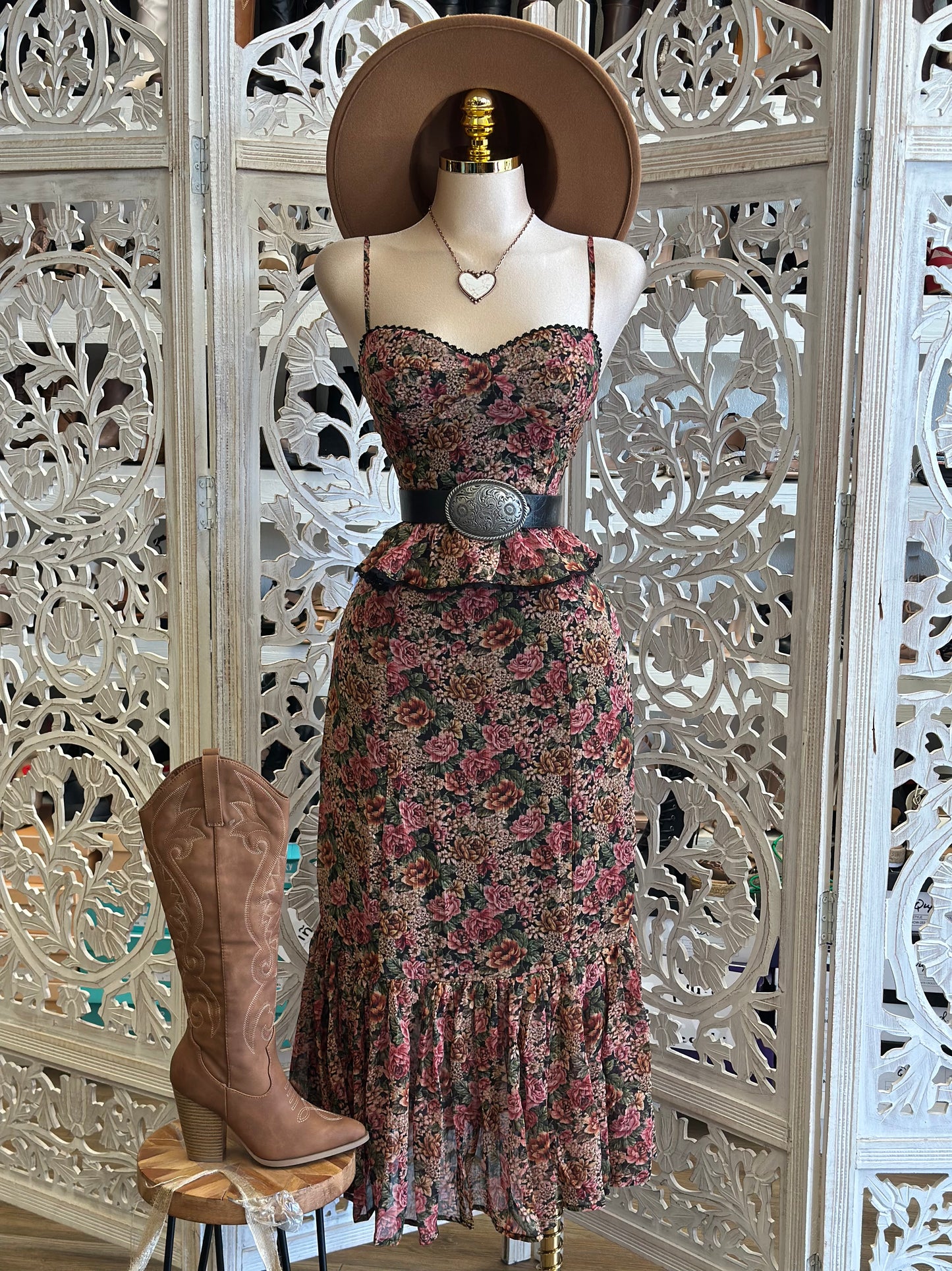Cami Floral Rustic Midi Dress- Not Stretchy, No Estira
