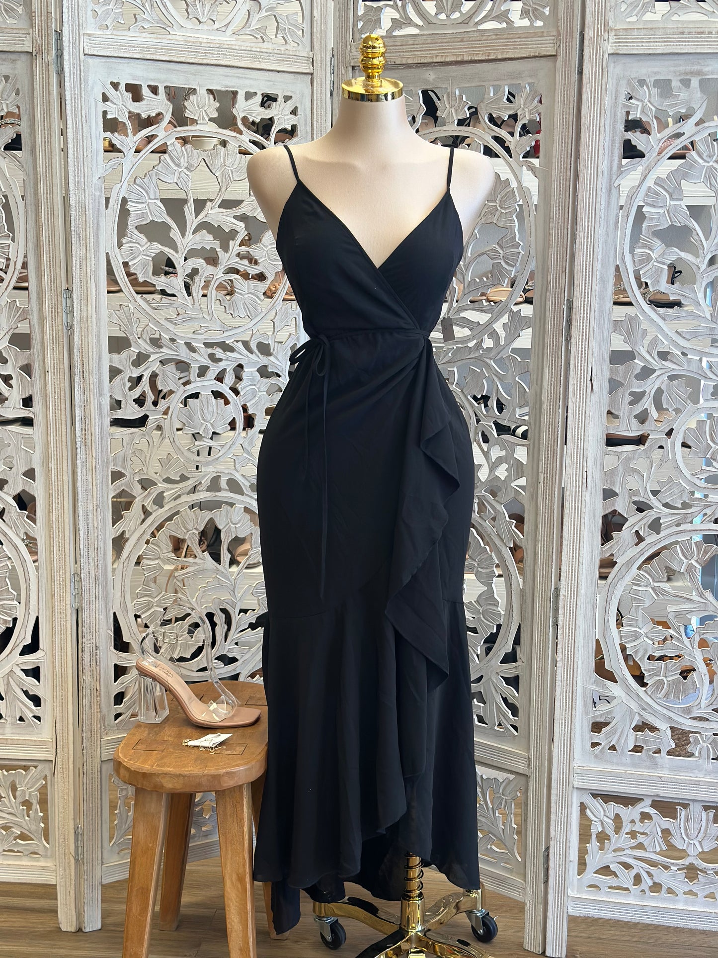 Black Ribbon Ruffled Midi Dress- Not Stretchy