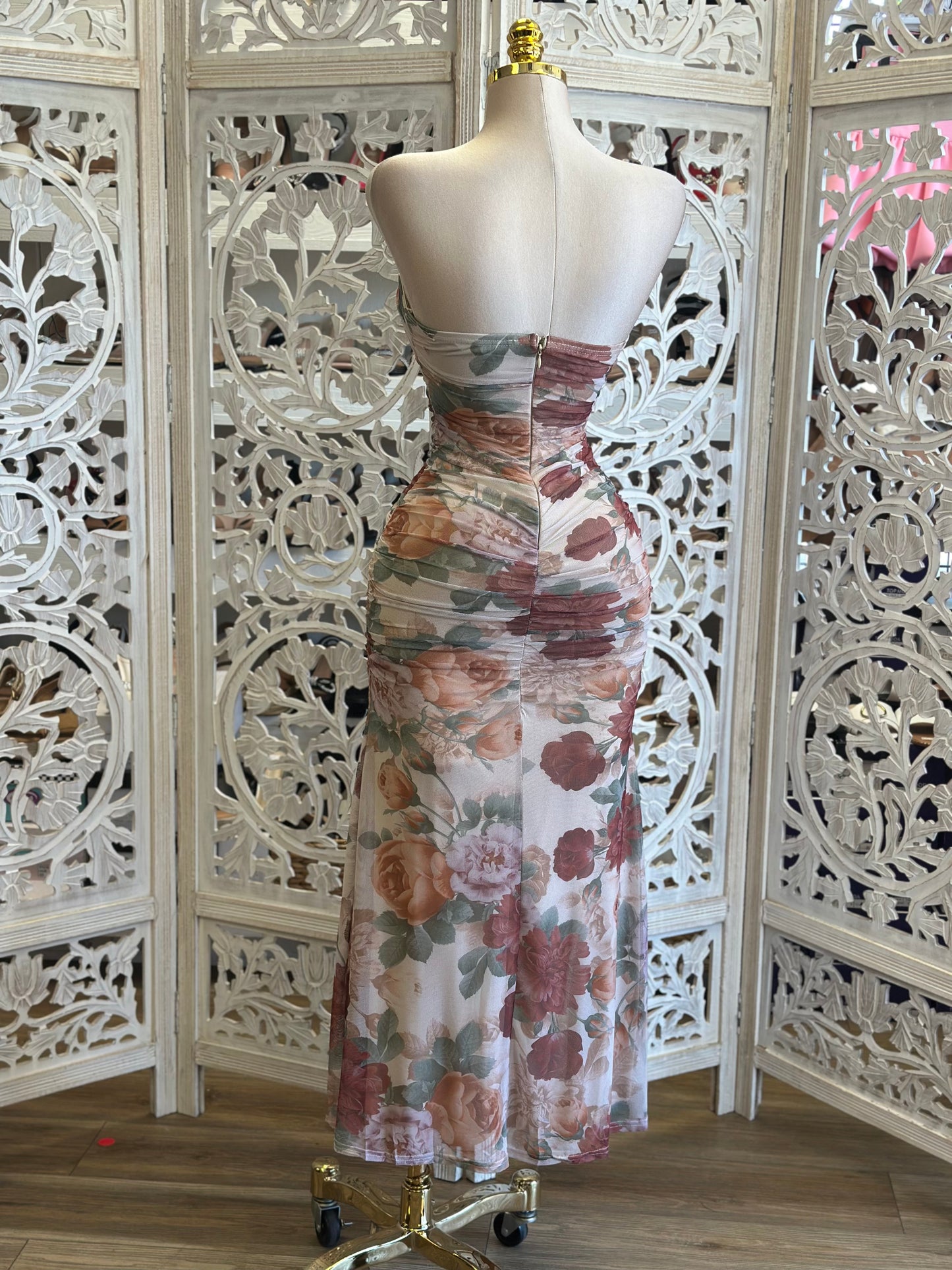 Rusted Floral Midi Dress- Stretchy, Estira