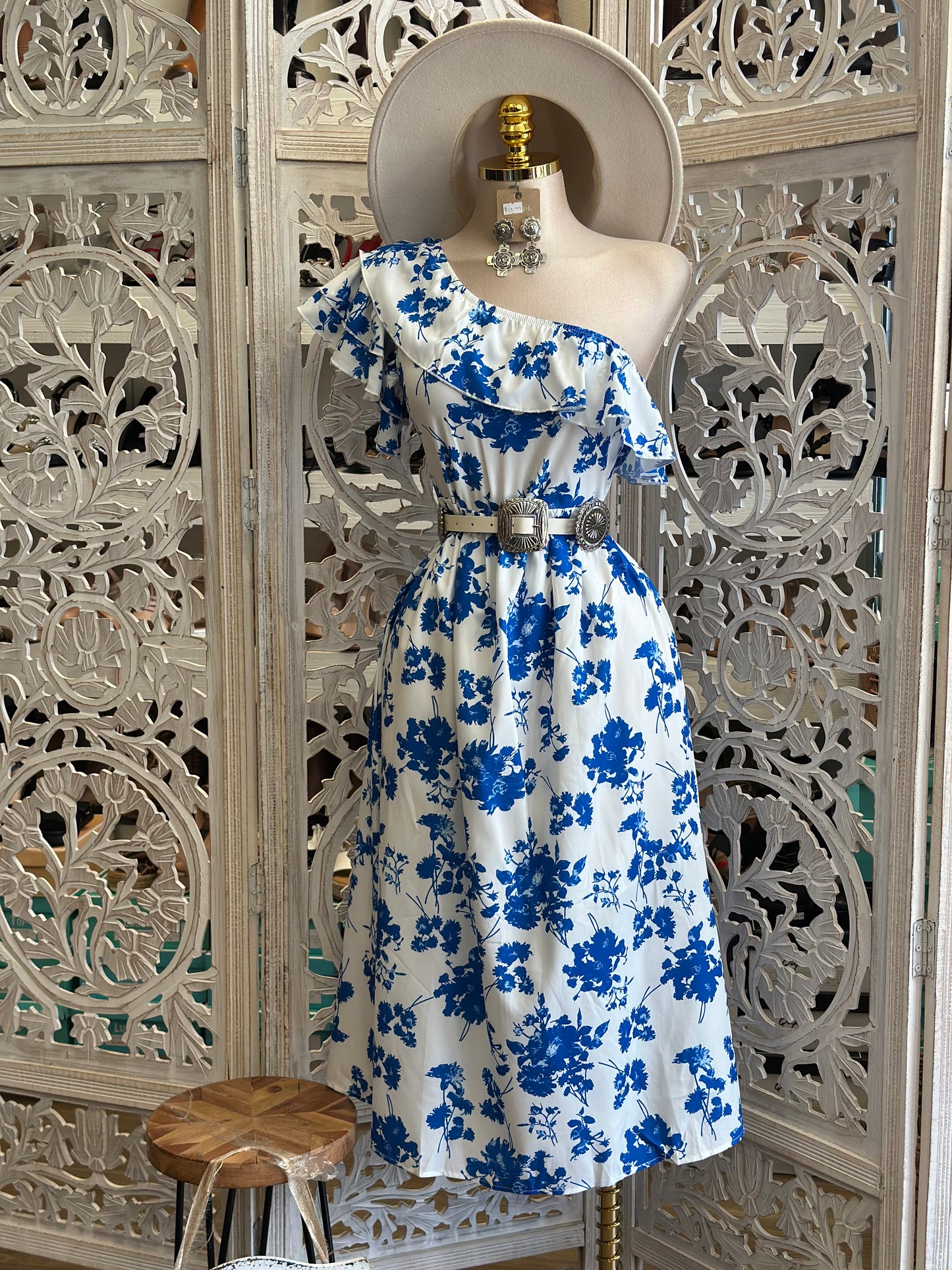One Sleeve Ruffle Blue Floral Midi Dress-Estira, Stretchy